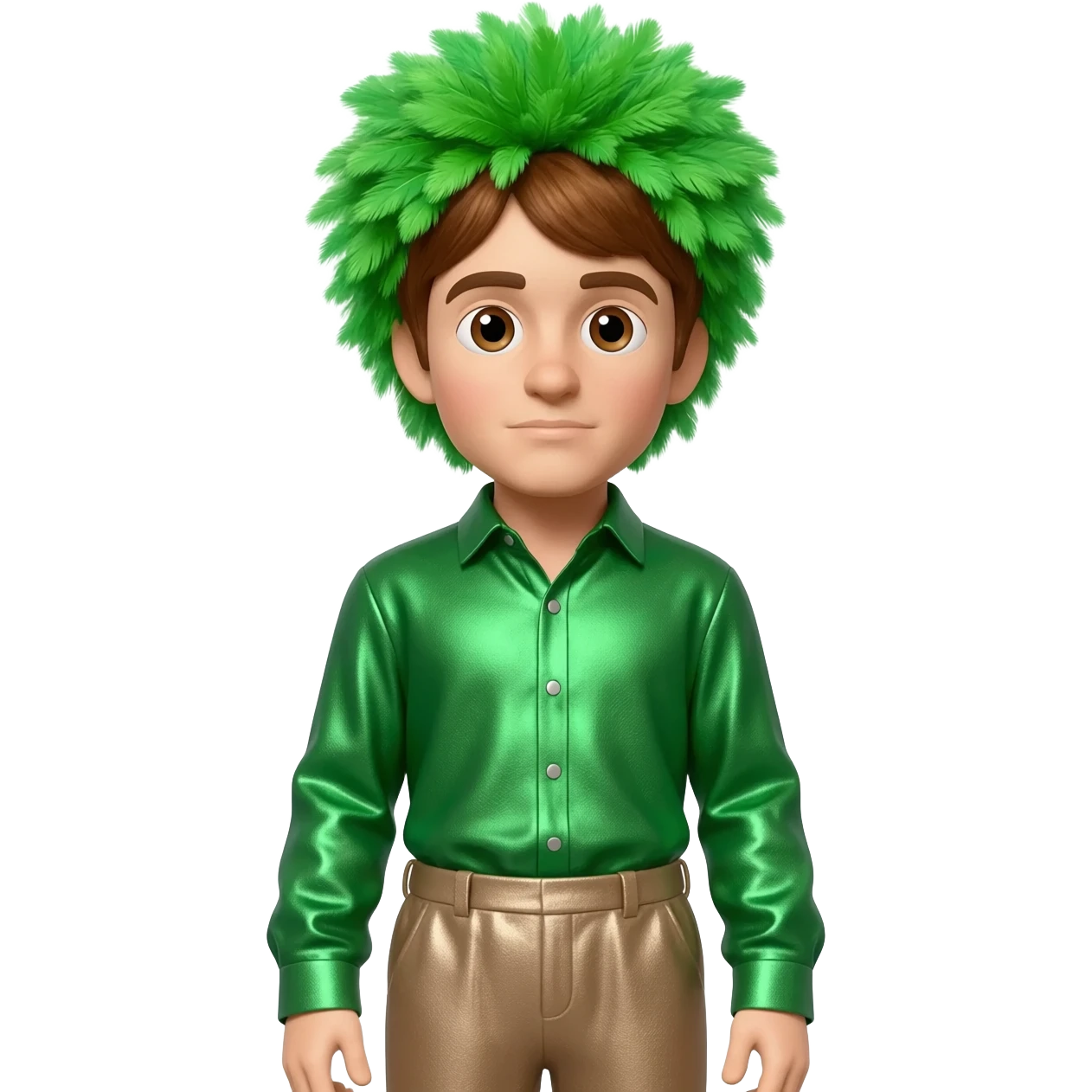 Dominic Field aka The Tree of Wisdom from The Wiggles with brown eyes, brown hair, green feather wig, green metallic shirt, taupe metallic baggy pants emoji