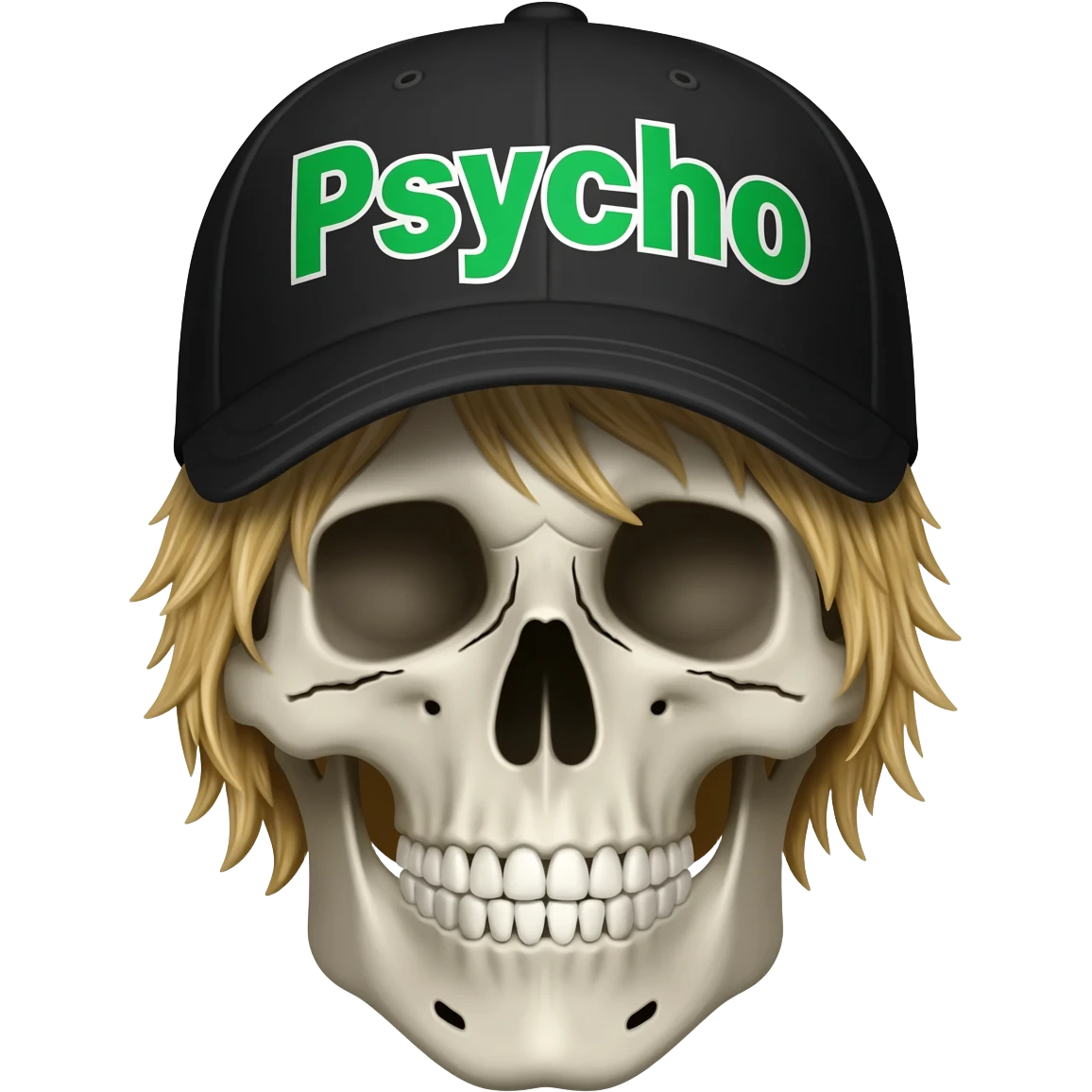 Create a skeleton head wearing a black baseball cap that says " Psycho " in Green, and white lettering, with dirty blonde hair emoji
