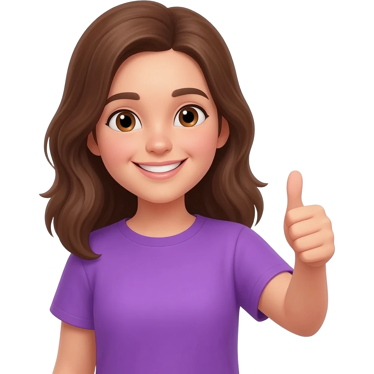 chica con pelo cafe y playera morada sonriendo y levantando el pulgar emoji