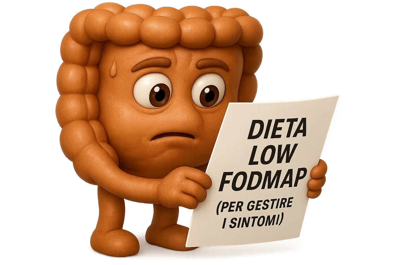 EMOJI STILE IPHONE DI UN INTESTINO UMANO ANATOMICO CHE GUARDA UN FOGLIO CON LA SCRITTA "DIETA LOW FODMAP (PER GESTIRE I SINTOMI)", FAGLI ANCHE LA PARTE BIANCA DEGLI OCCHI, NON SOLO LE PUPILLE, IPERREALISTICO 4K emoji