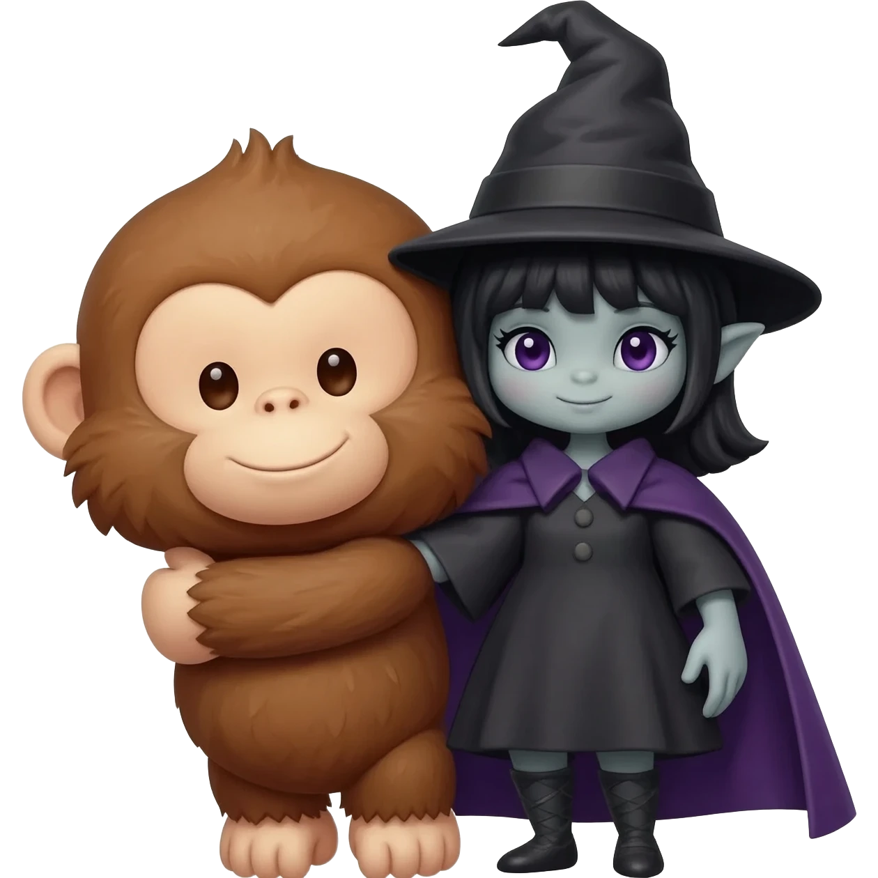 Monito dando un super abrazo a unaBruja de pelo negro emoji