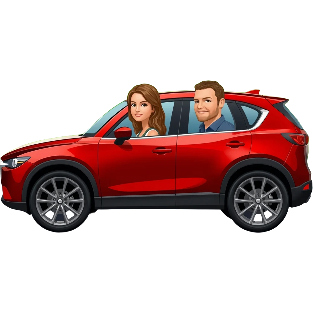 camioneta mazda cx 5 roja con una conductora al volante mujer con lentes de cabello negro y un copiloco hombre de pelo corto negro y lentes, todo en caricatura sobre una avenida principal con paisaje verde emoji