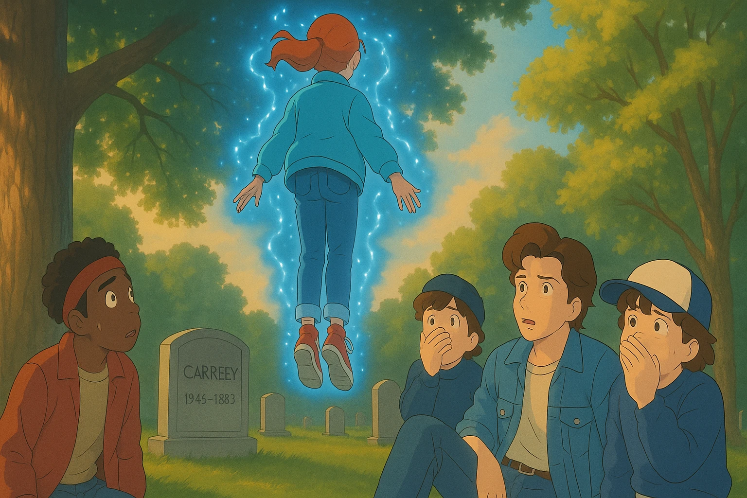 Max from Stranger Things levitating above a grave in a cemetery, back view, Dustin covering his mouth in fear, Lucas and Steve looking worried, Ghibli style, wide aspect ratio (16:9), supernatural glowing effects, cinematic lighting. emoji