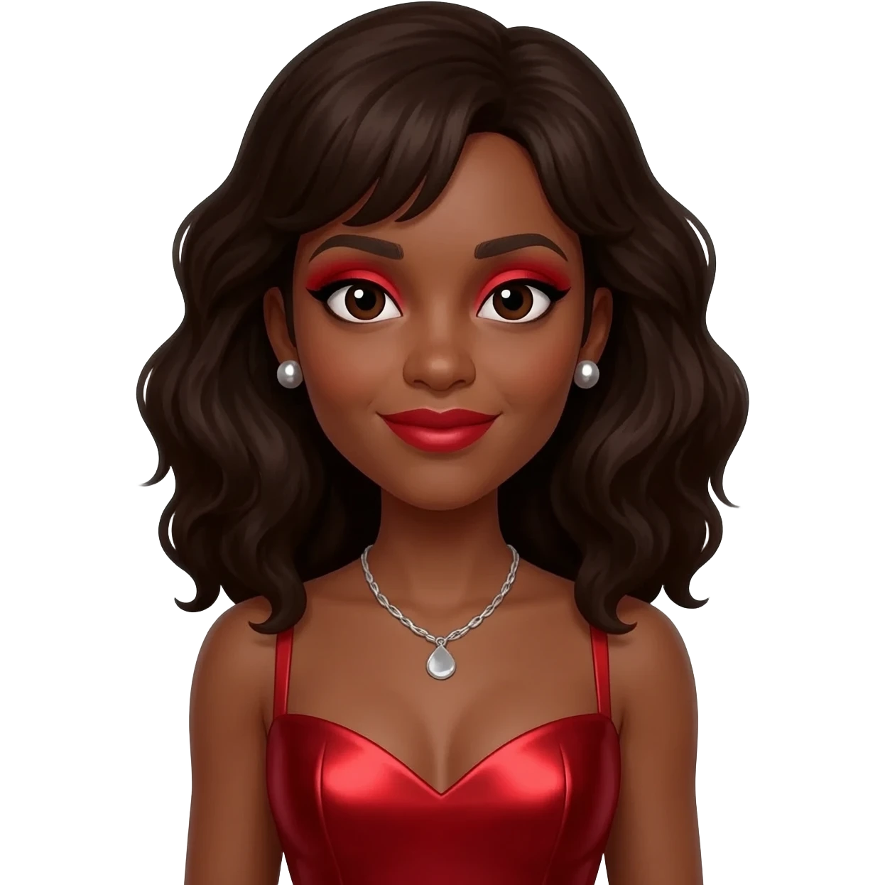 Naturi Naughton from 3lw with dark skin, dark brown eyes, dark brown hair, red eyeshadow and lipstick, red metallic sweetheart dress, silver necklace and earrings emoji