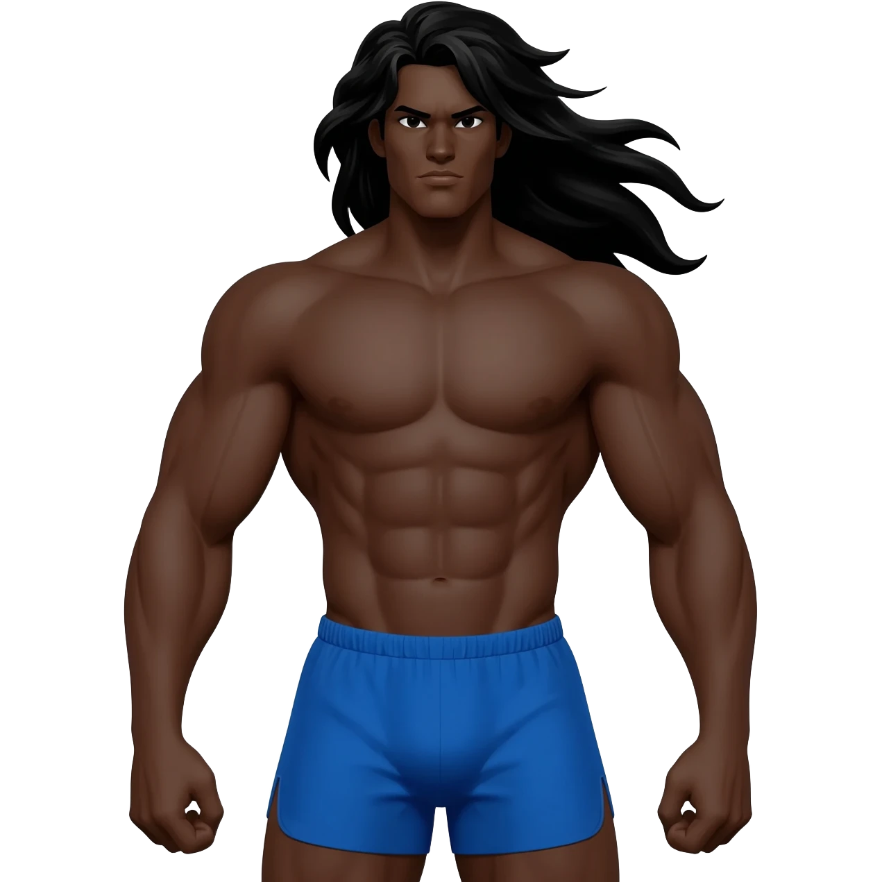Superhero black male look superstrong blue shorts and big arms no shirt long black hair full body emoji