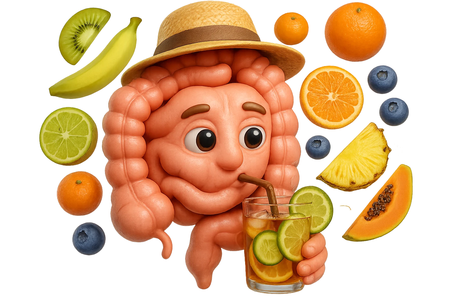 EMOJI STILE IPHONE DI INTESTINO UMANO REALISTICO CON CAPPELLO DI PAGLIA DA SPIAGGIA CHE BEVE UN Tè FREDDO IN BICCHIERE DI VETRO CON DENTRO  fette di cetriolo, limone, lime, DIETRO L'INTESTINO FLUTTUANO PEZZETTI DI Kiwi
Banana acerba
Arance e mandarini
Mirtilli
Ananas
Papaya
IPERREALISTICO 4K emoji