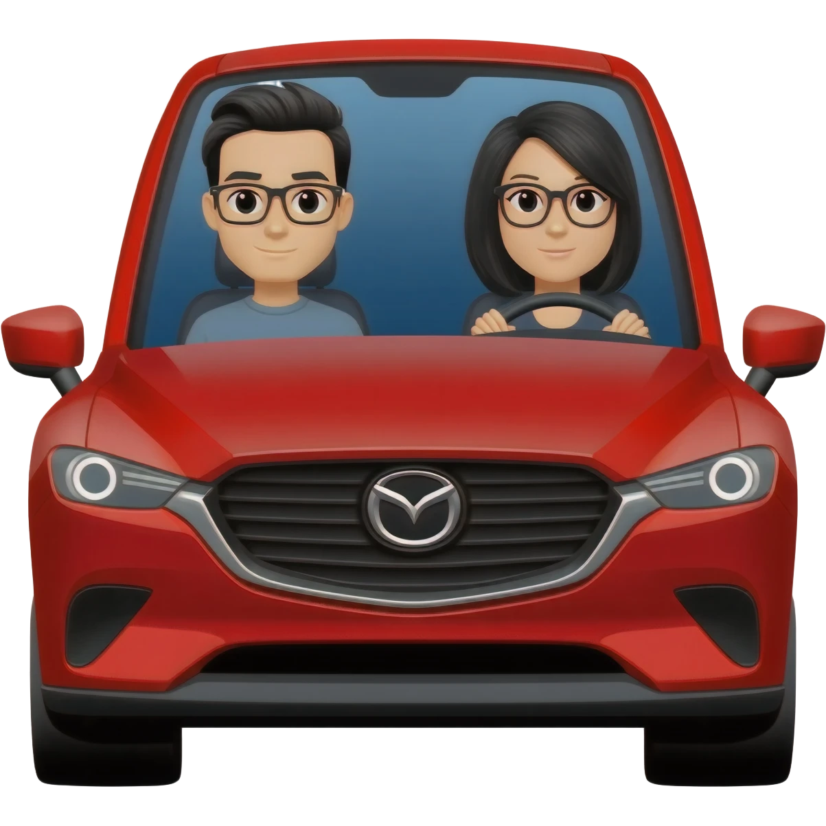 Camioneta roja mazda, con un copiloto hombre de pelo corto negro y lentes, y una con una mujer en el volante de pelo negro y lentes emoji