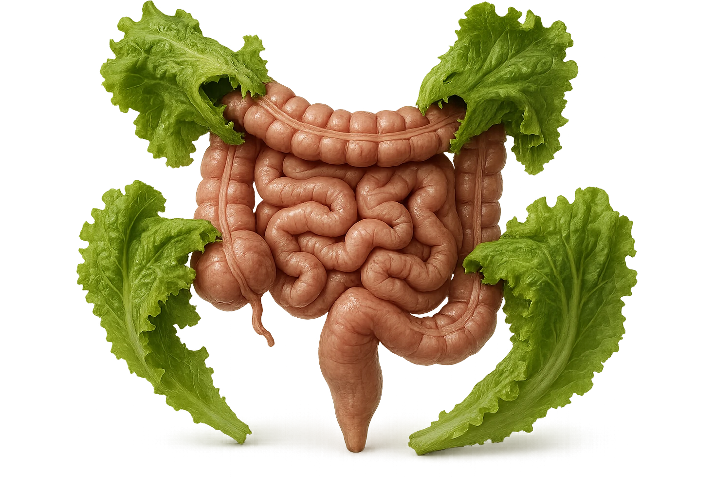 foglie di insalata che attaccano un intestino anatomico umano per distruggerlo, iperrealistico emoji