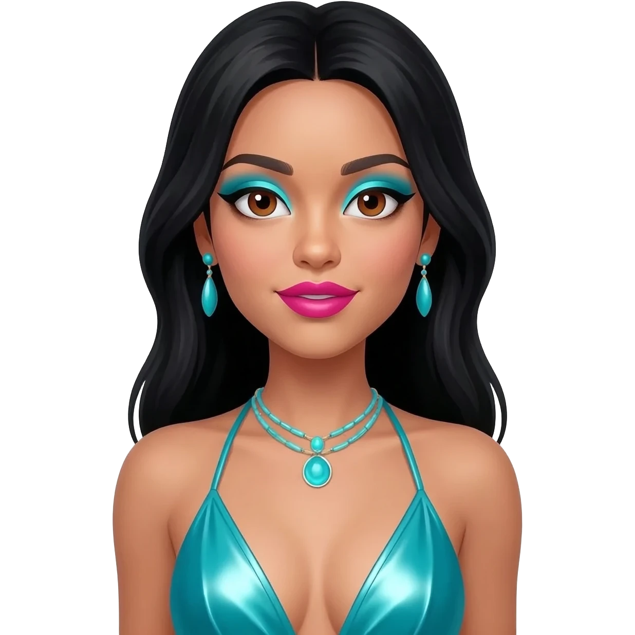Cher with brown eyes, long black hair, cyan eyeshadow, hot pink lipstick, cyan metallic halter dress, cyan necklace and earrings emoji