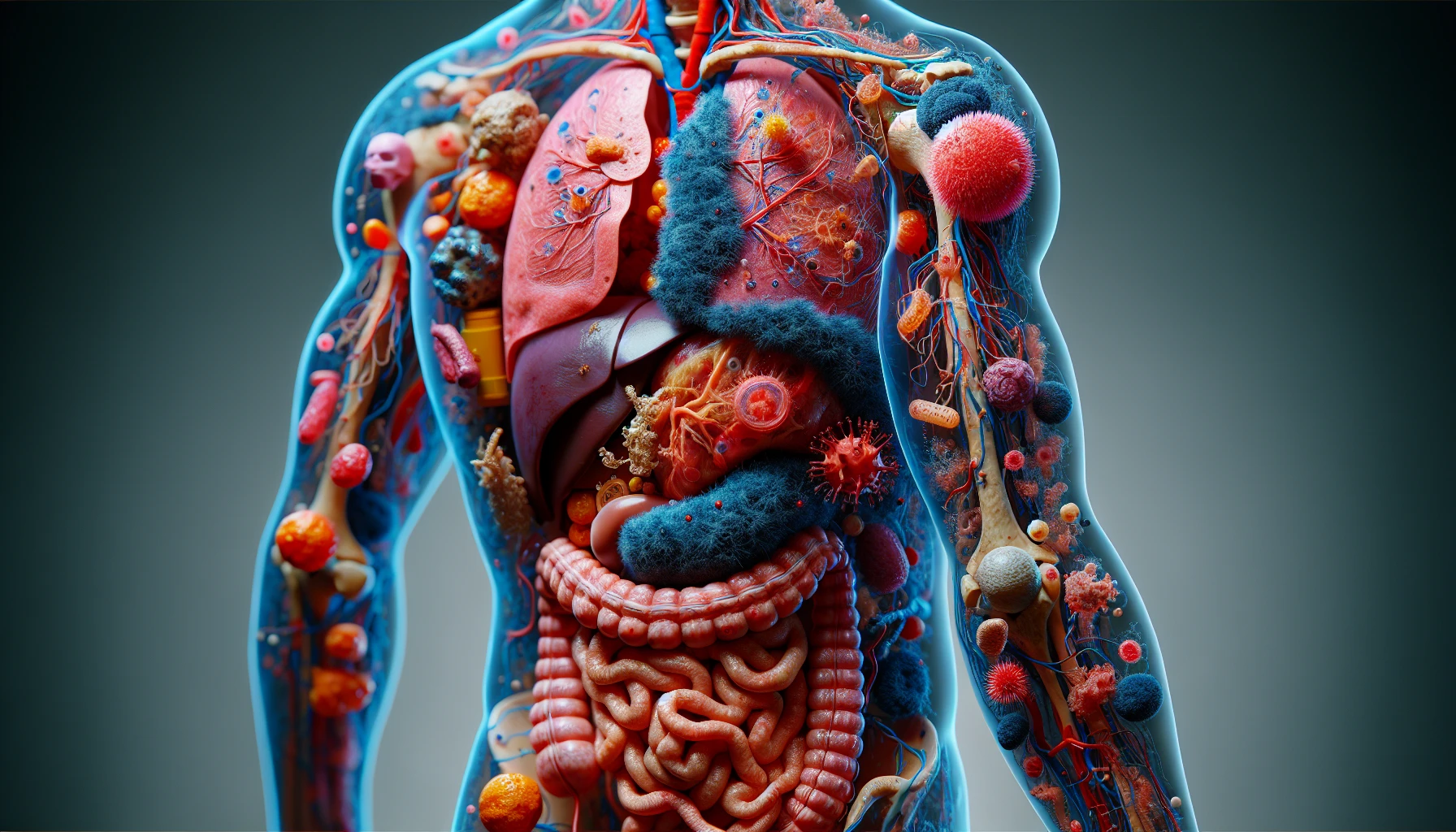 corpo umano anatomico che accumula tossine e virus e malattie nel corpo , iperrealistico 4k emoji