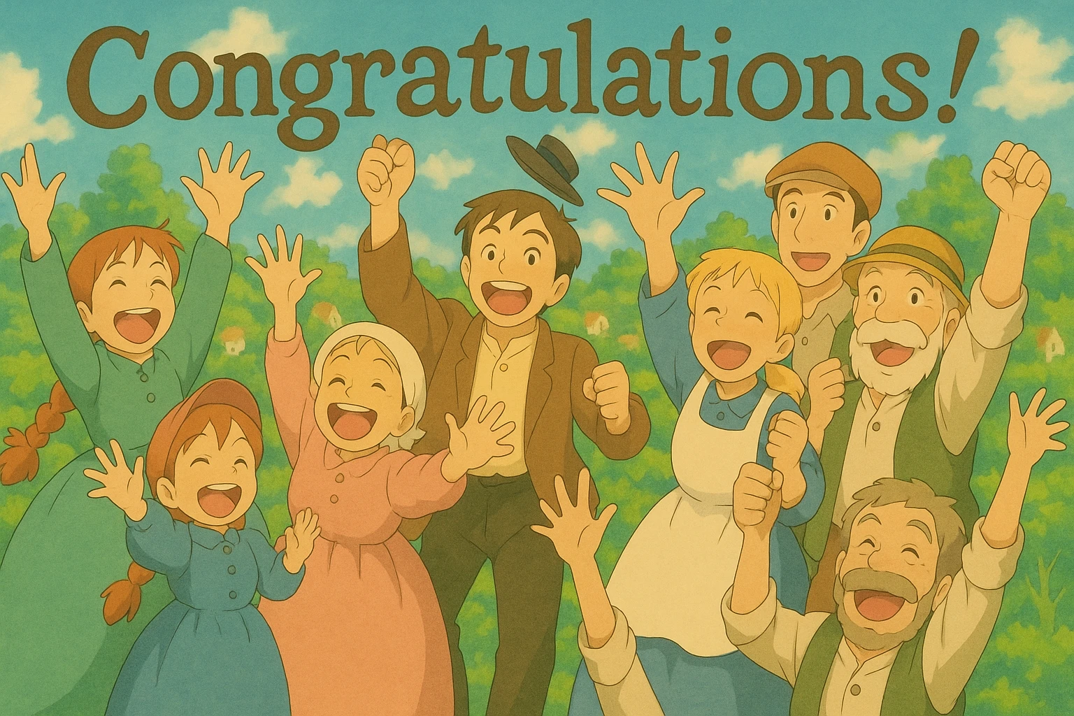 Add the text 'Congratulations!' in a whimsical, hand-drawn font above the group of people cheering, keeping the ghibli style. emoji