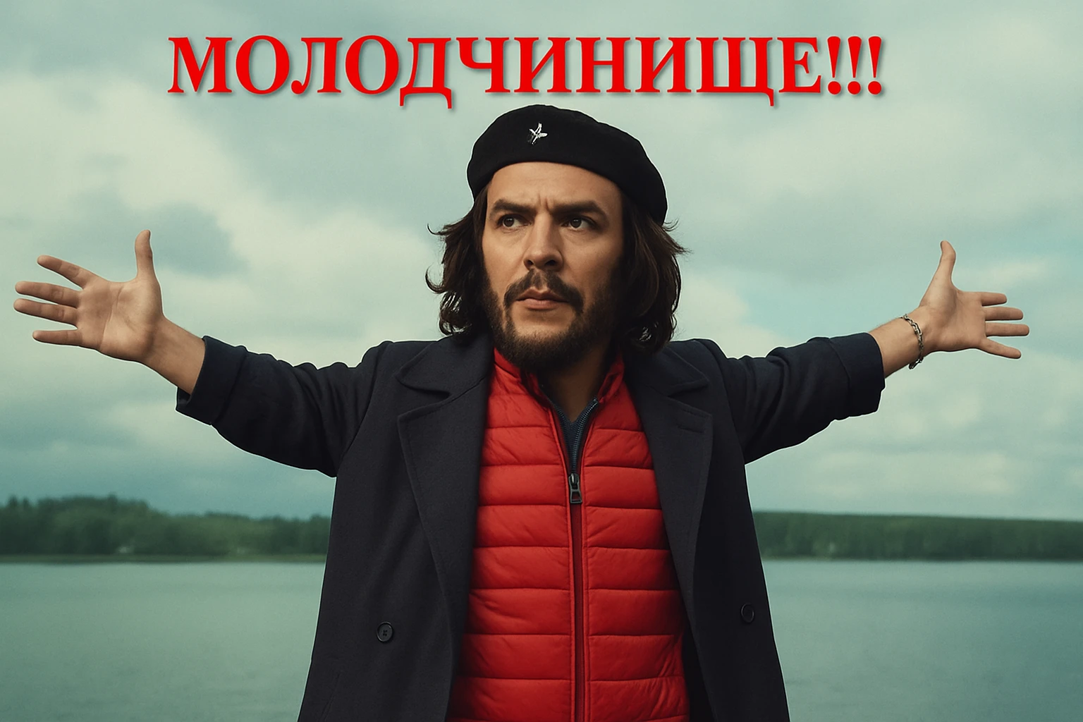 Сгенерируй мне в такой же позе и в такой же одежде Че Гевара (как на 2 фото) emoji