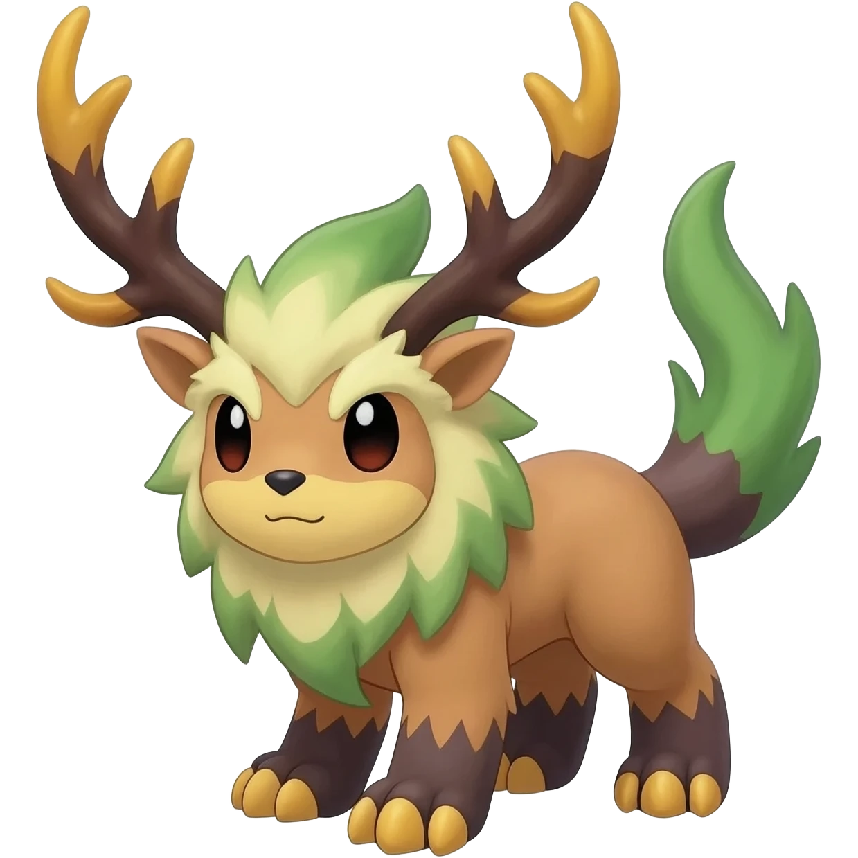 Exotic tropical Animal-Fakémon-Pokémon-hybrid-fusion-creature  with thick fur, short legs, big paws, and antlers on head  emoji