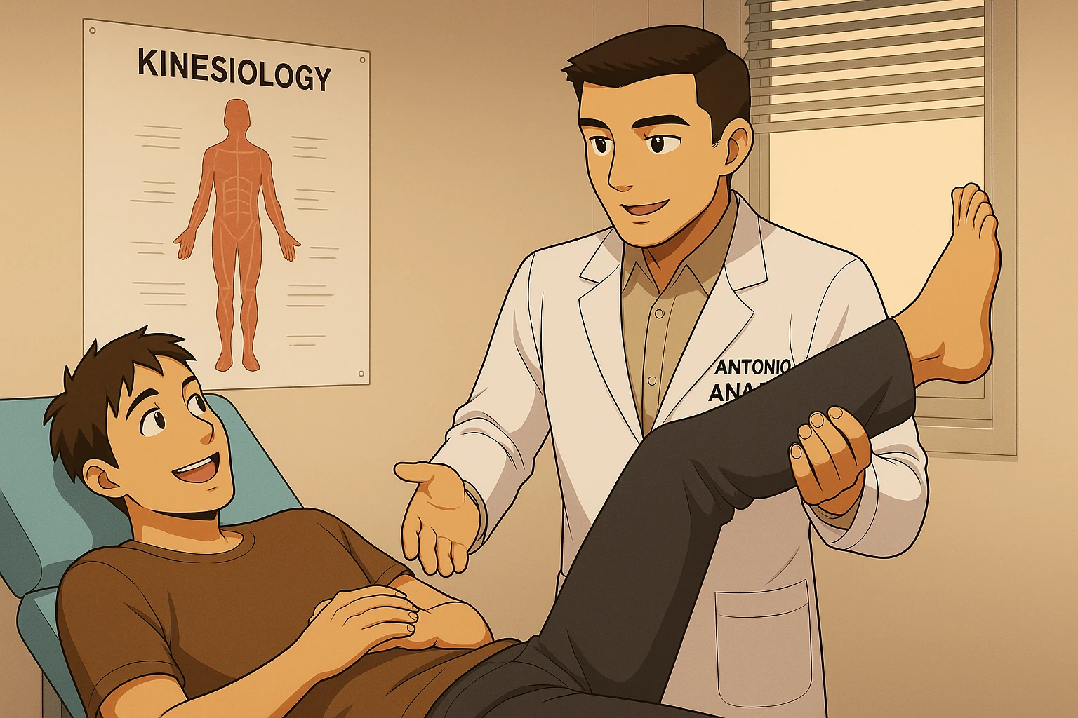 su questo lettino rappresenta un webtoon manga a colori con questo stile, in cui un uomo è steso sul lettino medico e il kinesiologo con il camice bianco (fagli anche la scritta "ANTONIO ANANIA" SUL CAMICE, gli solleva una gamba per fargli il test neuromuscolare, IL KINESIOLOGO SPIEGA ALL'UOMO UNA cosa mentre gli alza la gamba. l'espressione dell'uomo è felice e soddisfatta, non fare i fumetti però, fai solo in modo che sembri stiano parlando emoji