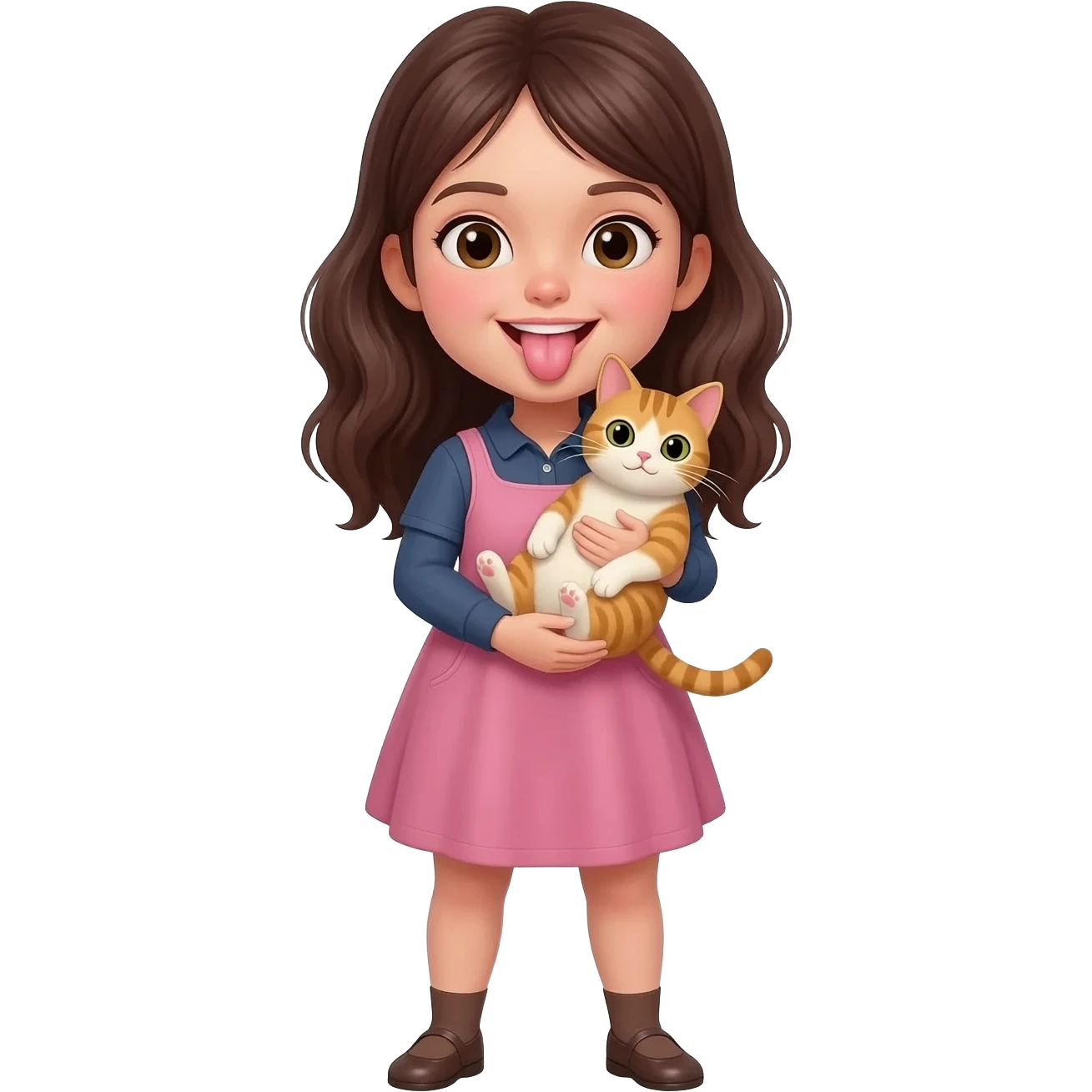 Girl showes her tongue. There is a cat in her arms emoji