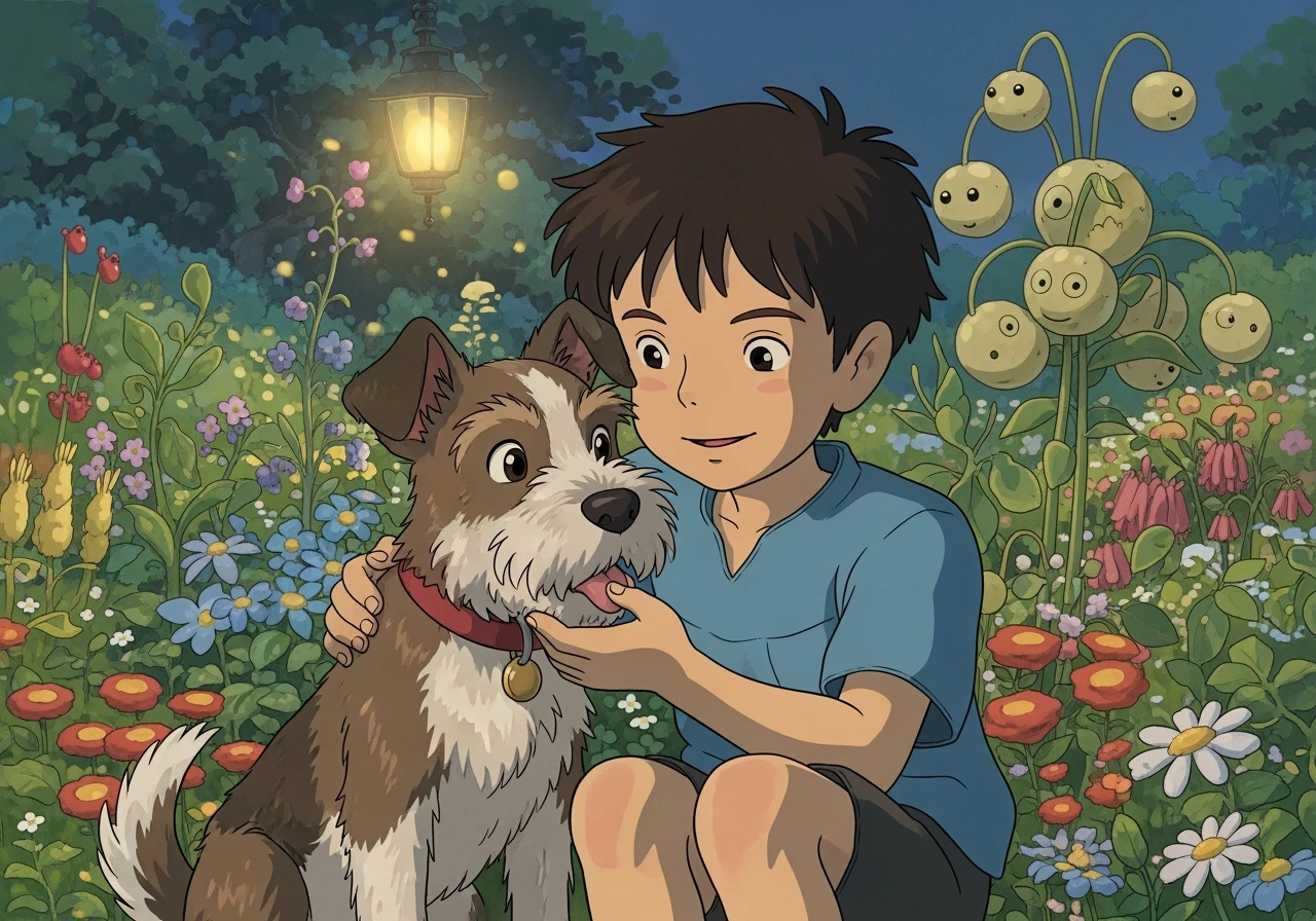 kid and his pet dog in studio ghibili style emoji