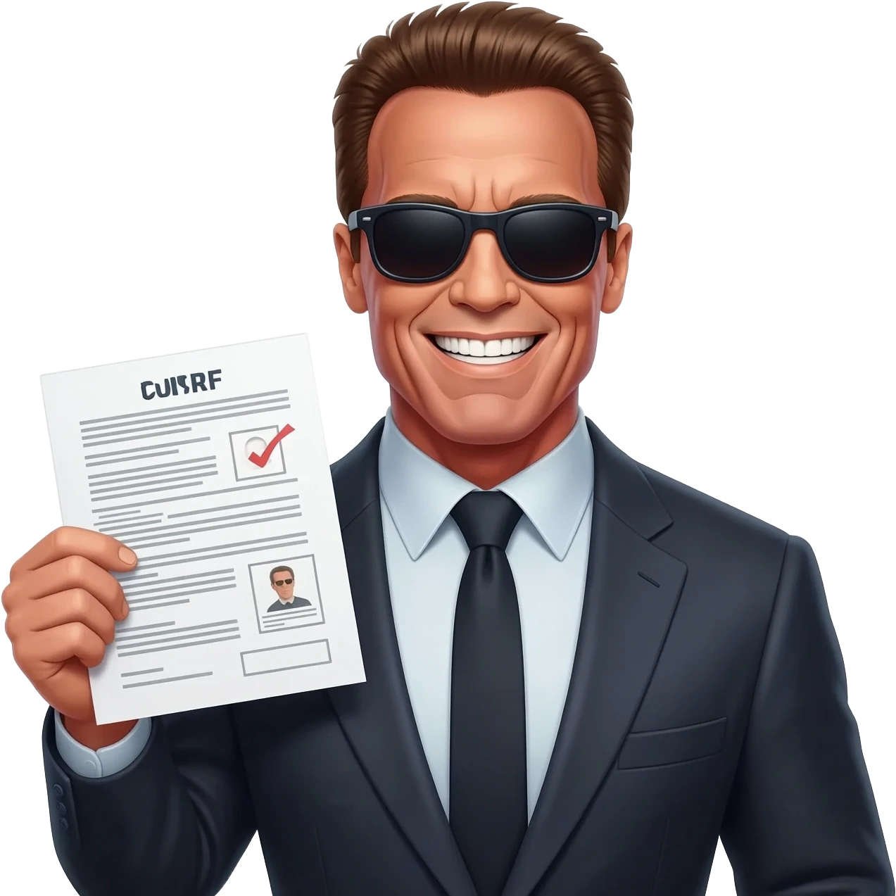 Arnie terminator smiling with sunglasses, holding up a CV document emoji