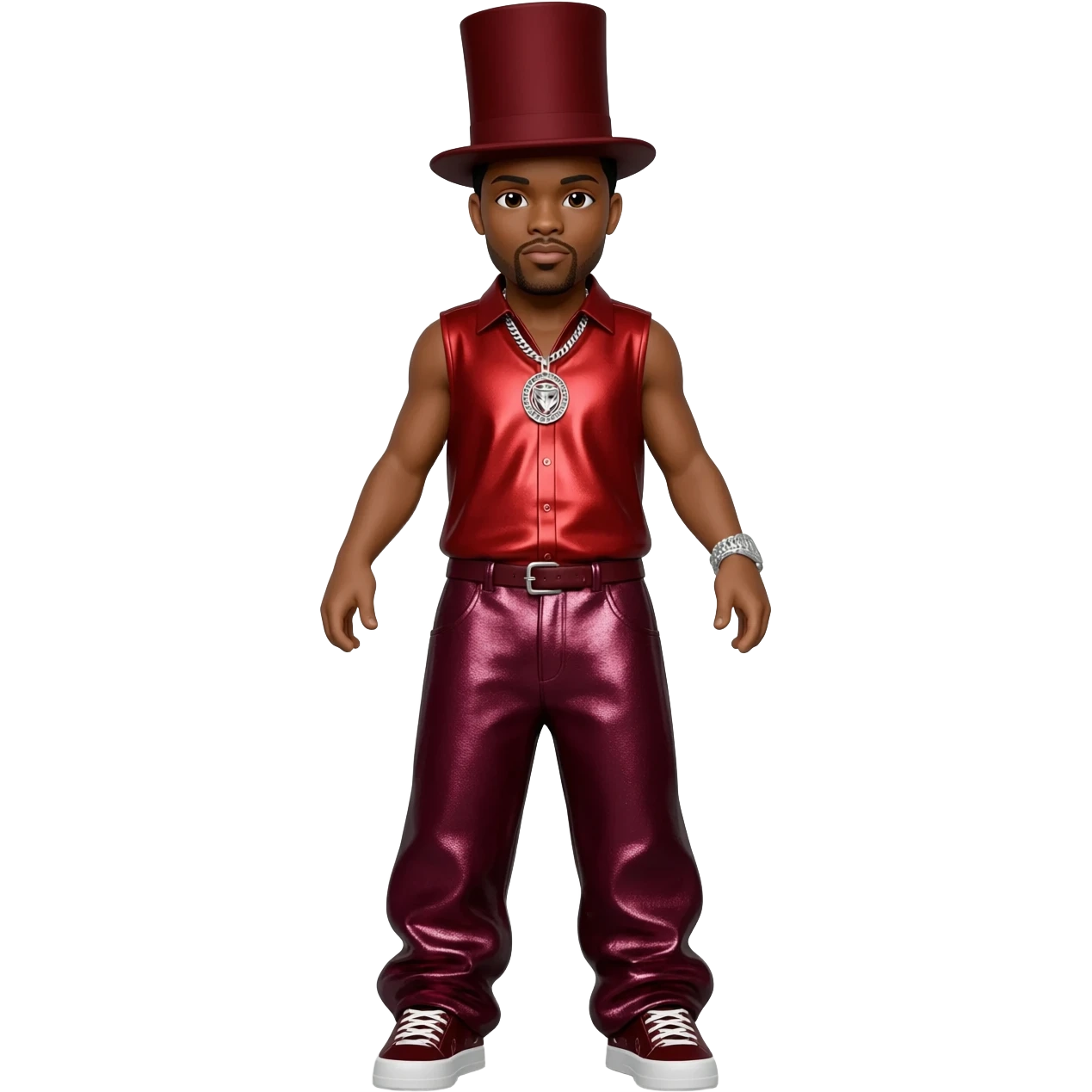 Ginuwine with black short hair, dark red top hat, red metallic sleeve shirt, burgundy metallic baggy pants, silver necklace emoji