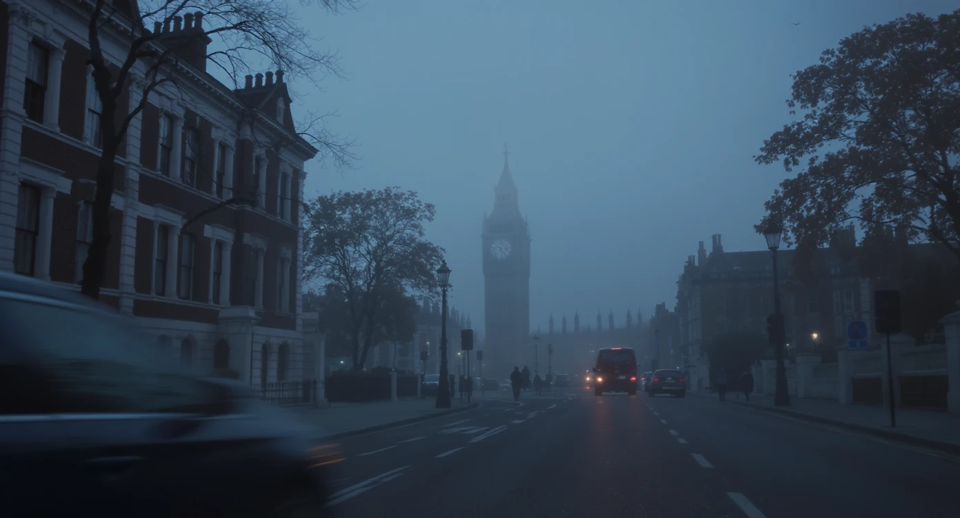 Cinematic shot of a london street, cloudy foggy day, soft light, leading lines to big ben in distance, multi composition, in foreground blurred car, on second street around UK bulding, od another plan in distance big ben, birds flying, artistic look, captured on arri alexa 35, color graded blue hour emoji