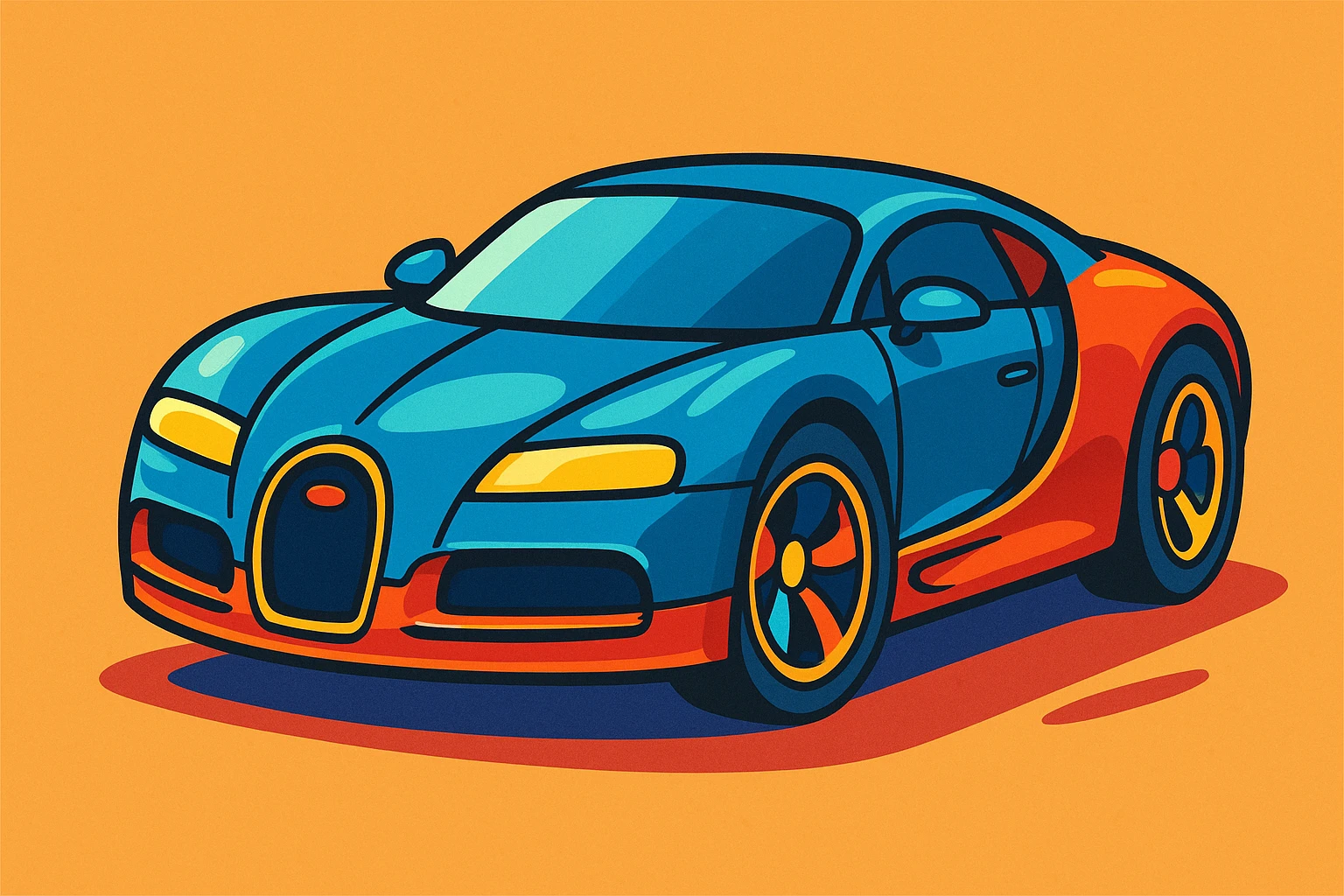 cartoon style Bugatti sports car, vibrant toon style emoji