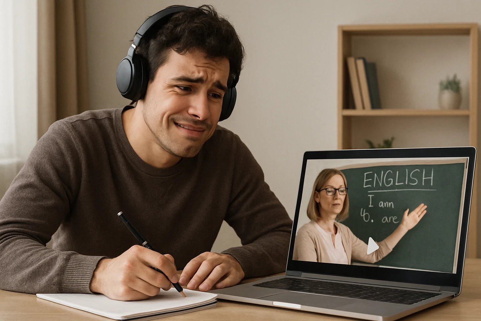A person with headphones, watching an English lesson on a laptop, taking notes, showing both struggle and enthusiasm, no speech bubbles or text emoji