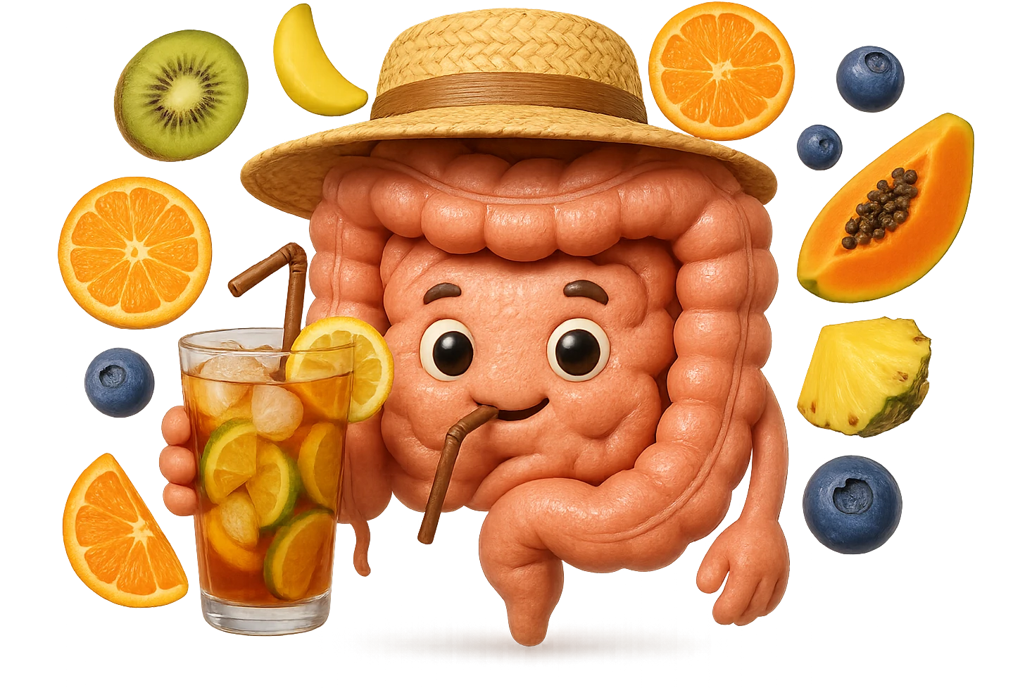 EMOJI STILE IPHONE DI INTESTINO UMANO REALISTICO CON CAPPELLO DI PAGLIA DA SPIAGGIA CHE BEVE UN Tè FREDDO IN BICCHIERE DI VETRO CON DENTRO  fette di cetriolo, limone, lime, DIETRO L'INTESTINO FLUTTUANO PEZZETTI DI Kiwi
Banana acerba
Arance e mandarini
Mirtilli
Ananas
Papaya
IPERREALISTICO 4K emoji
