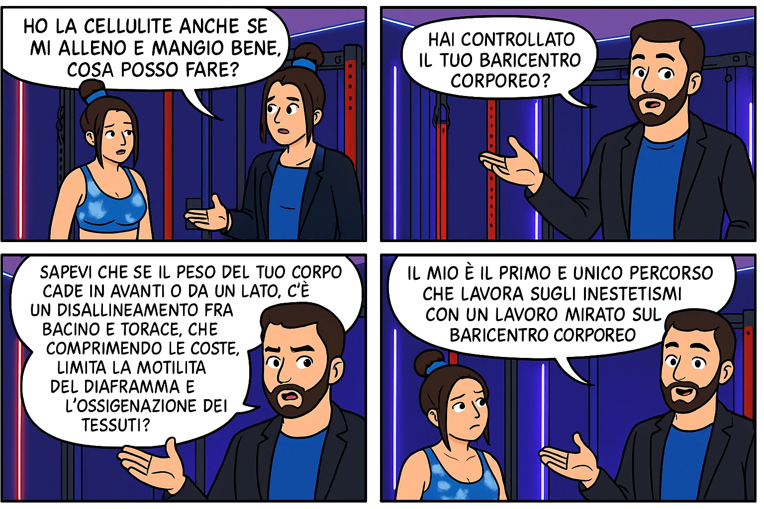 TRASFORMA QUESTO CAROSELLO IN UN FUMETTO CON QUESTE DUE PERSONE IDENTICHE CHE INTERLOQUISCONO TRA LORO:

LEI: Ho la cellulite anche se mi alleno e mangio bene, cosa posso fare?

LUI: Hai controllato il tuo baricentro corporeo?
Sapevi che se il peso del tuo corpo cade in avanti o da un lato, c’è un disallineamento fra bacino e torace, che comprimendo le coste, limita la motilità del diaframma e l’ossigenazione dei tessuti?
Il mio è il primo e unico percorso che lavora sugli inestetismi con un lavoro mirato sul baricentro corporeo. emoji