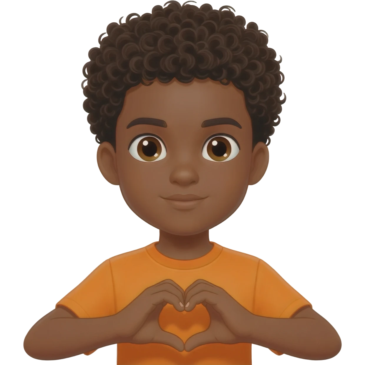 black boy curly hair orange shirt heart hands emoji
