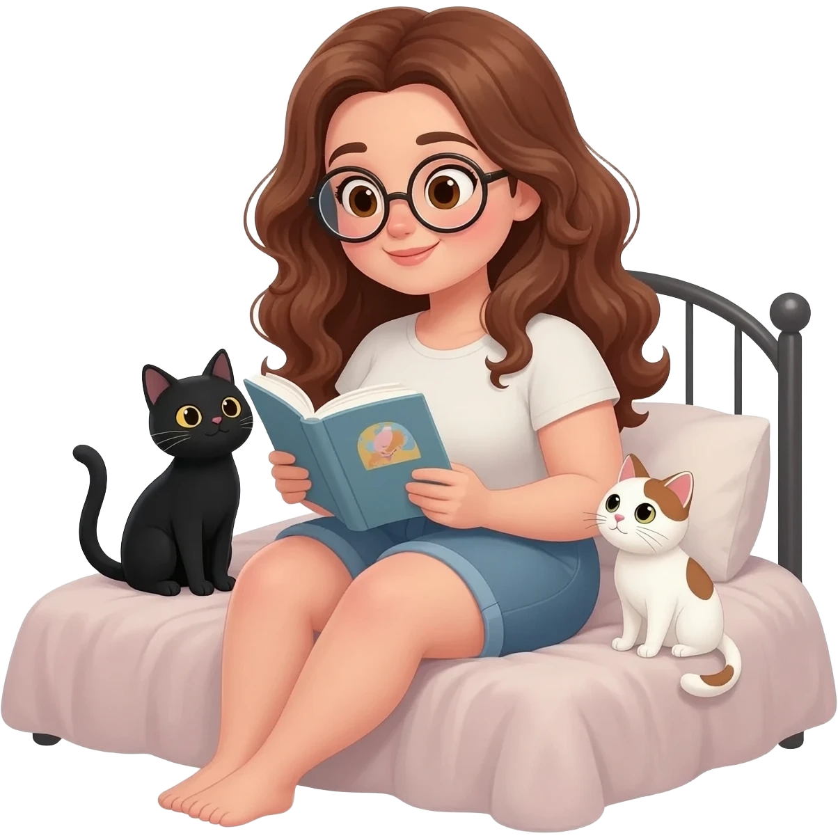 detailed emoji illustration of a curvy woman with long chestnut brown wavy hair, light brown eyes and round glasses sitting on a bed and reading a book, with two cats beside her: one black cat and one white cat with brown spots, cozy bedroom atmosphere, cute emoji style emoji