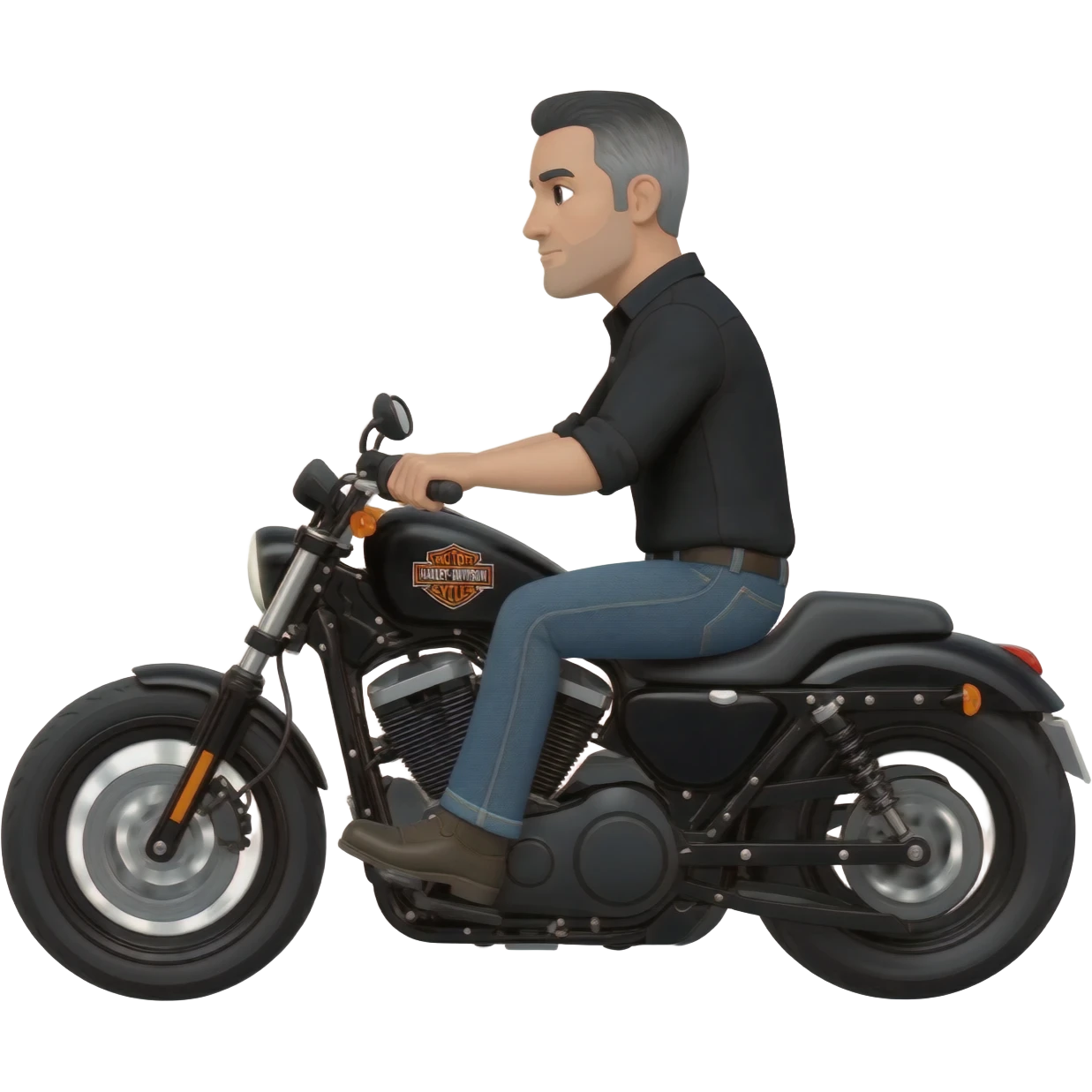 White man with short black and gray hair riding Harley Davidson in jeans and black shirt emoji