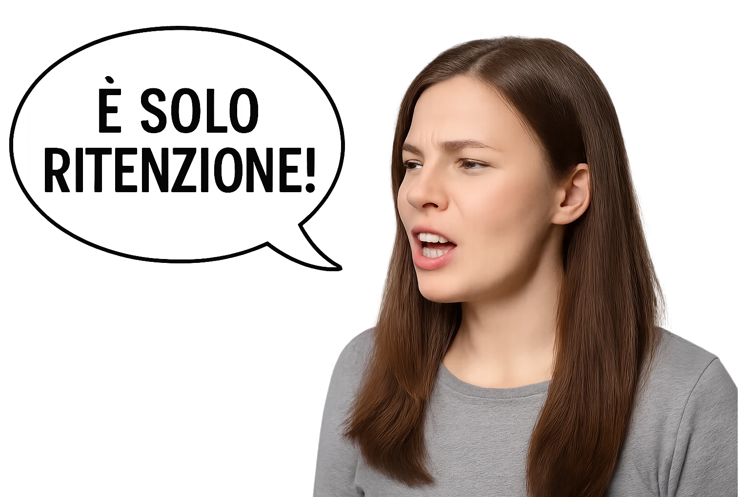 DONNA REALISTICA CHE DICE IN UN FUMETTO ALLA SUA SINISTRA: "è SOLO RITENZIONE!" emoji