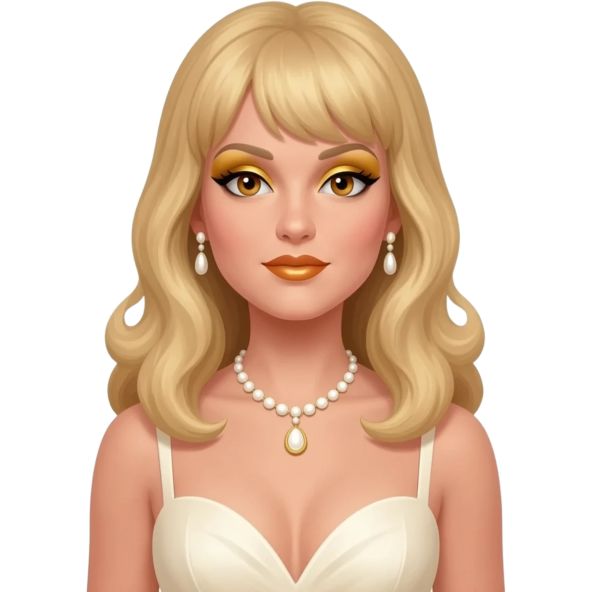 Honey Ryder from James Bond Series with hazel eyes, long blonde hair, gold eyeshadow and lipstick, ivory sweetheart dress, ivory necklace and earrings emoji