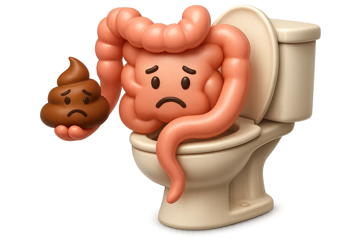 emoji stile iphone di un intestino realistico 3d che esce dal wc con in mano una montagnetta di feci con espressione triste a palline, iperrealistico 4k emoji