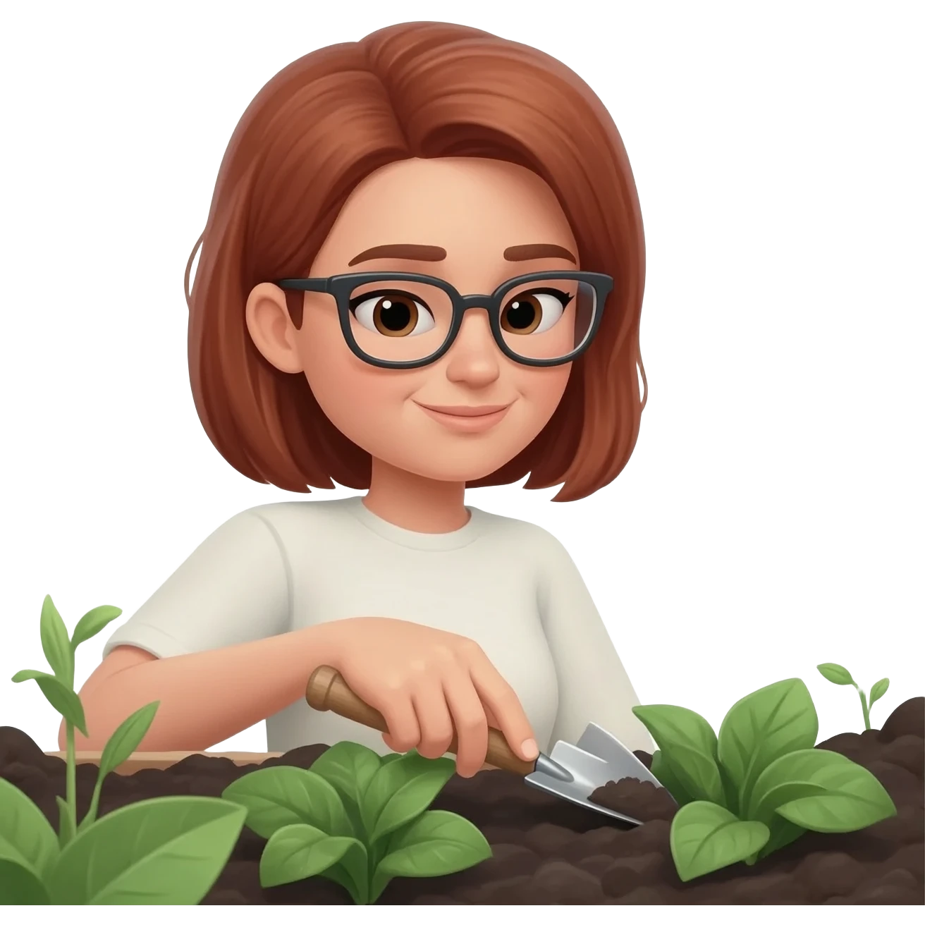up close 3d hyper realistic dark reddish blond woman gardening with glasses emoji
