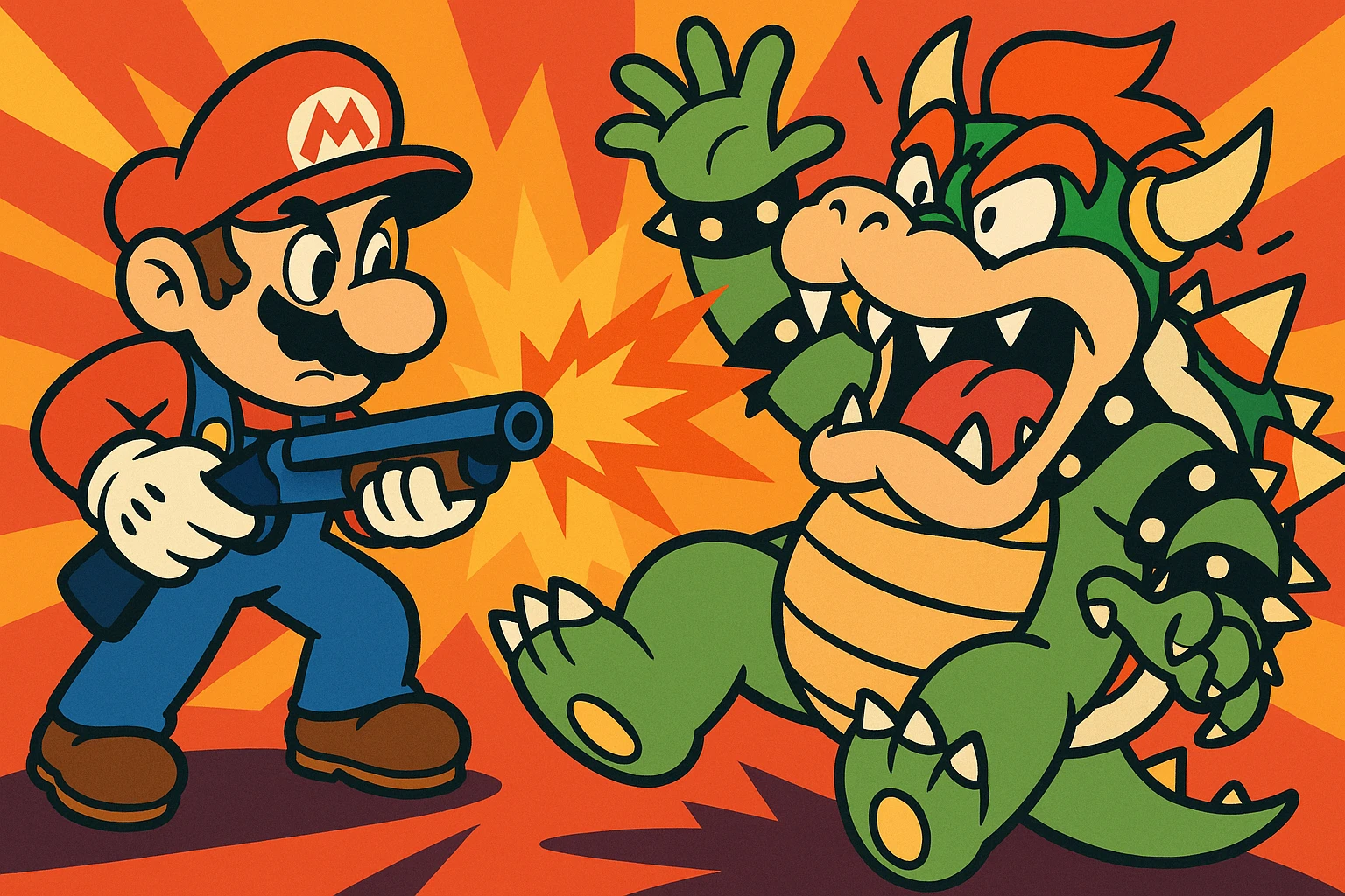 Mario and Bowser in a showdown, Mario with a shotgun, Bowser falling back, exaggerated cartoon action emoji