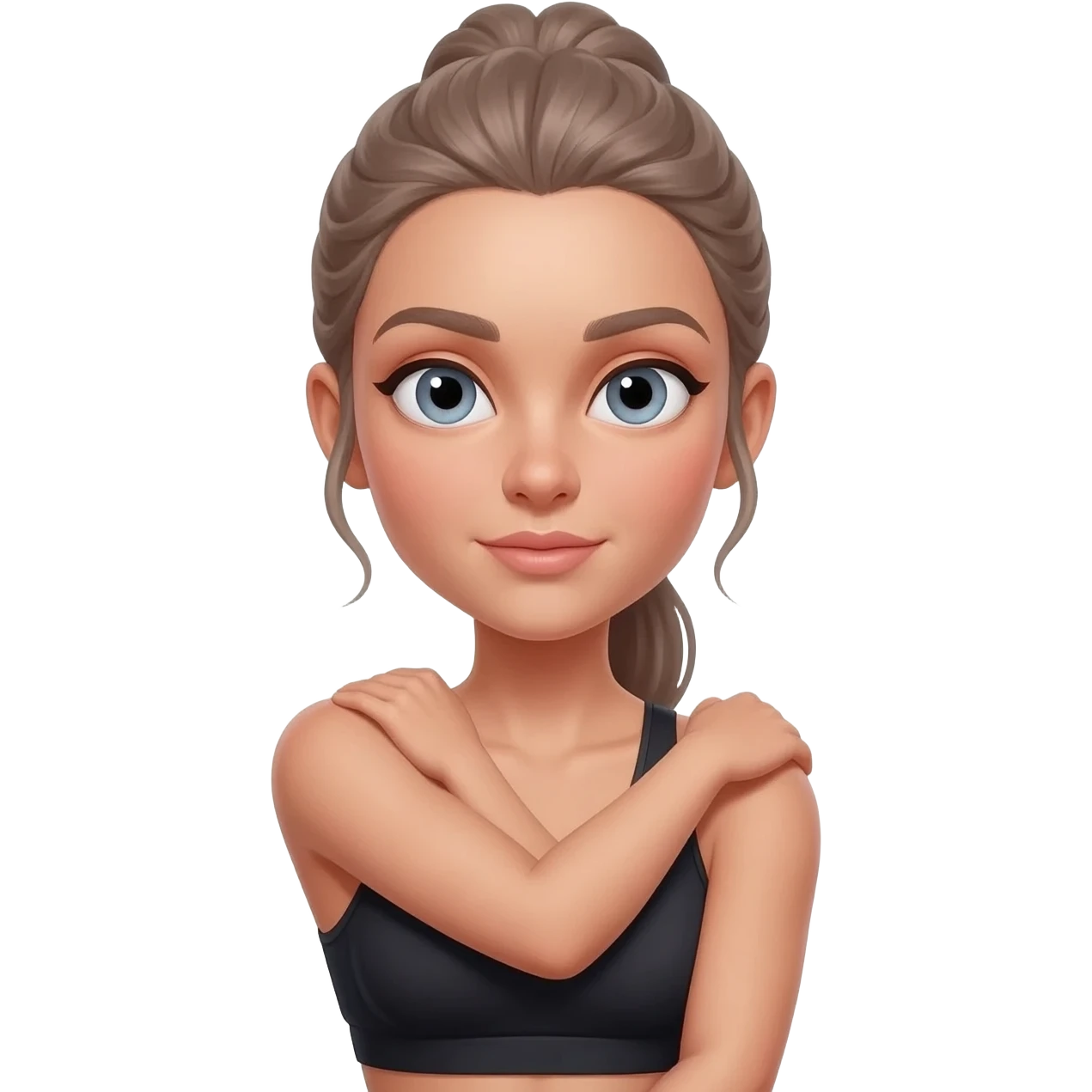 gentle shoulder rolls, fair-skinned woman, light gray-blue eyes, ash brown brows, ash light brown hair tied back, slim athletic body, black workout set emoji