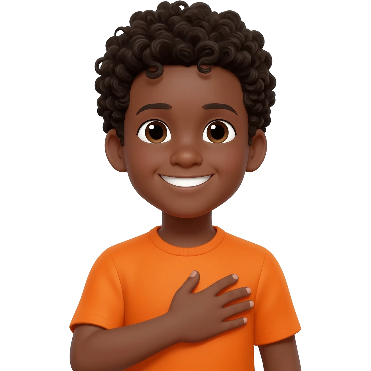 black boy curly hair orange shirt hand on heart big smile emoji