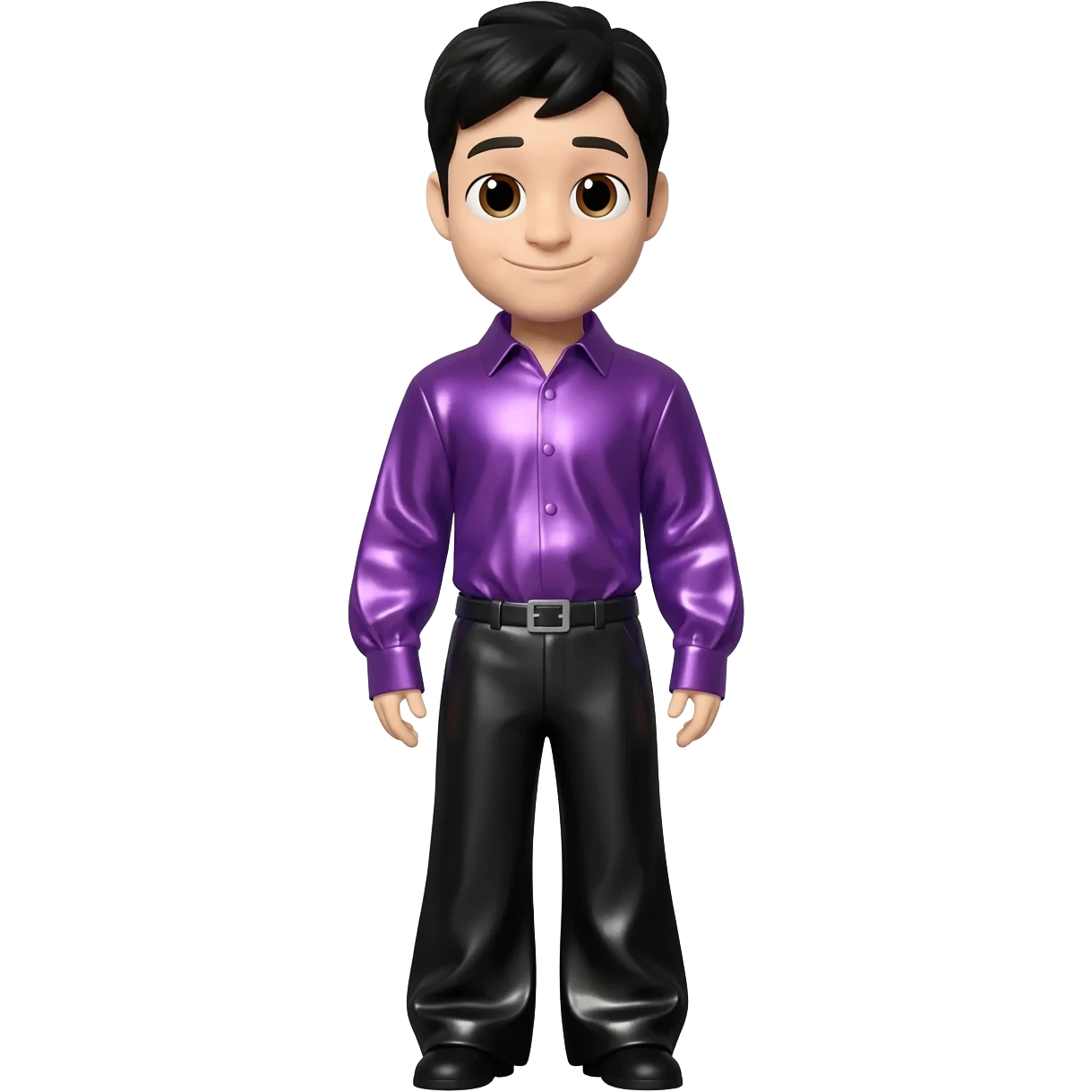 Jeff Fatt from The Wiggles with brown eyes, black hair, purple metallic shirt, black metallic baggy pants emoji