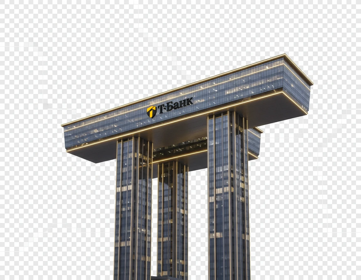 Стилизуй этот горизонтальный небоскреб под Москва-Сити с небольшим желтым свечением-подсветкой. Сделай его 2 стойки более высокими, а верхнюю горизонтальную часть - длиннее. Добавь на нее логотип Т-Банка

Фотореализм. Прозрачный фон emoji