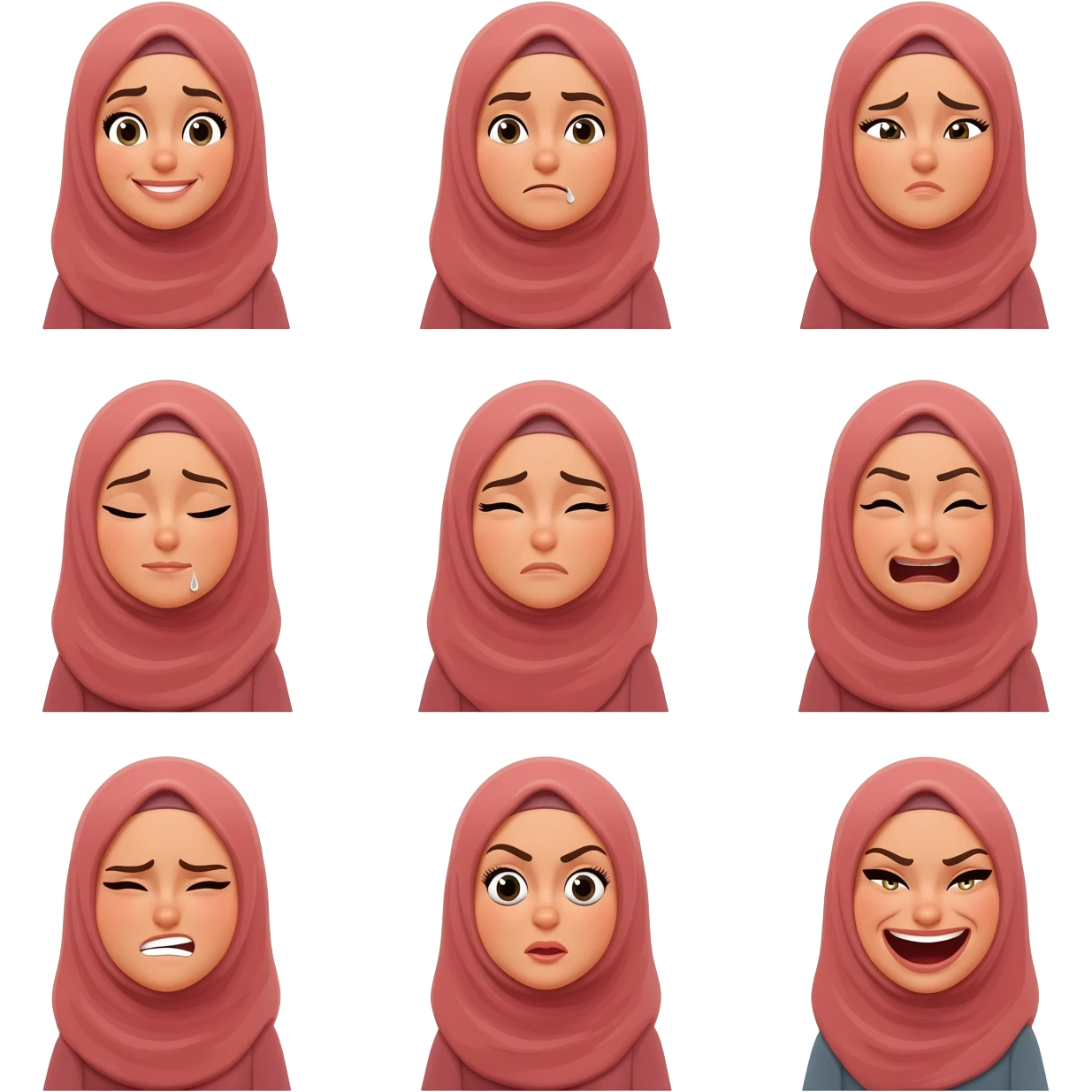 Samling face, and sad face, cute face & luxury face & loving face, angry face, laughing face  make all this wearing Abbaya  lady\ emoji