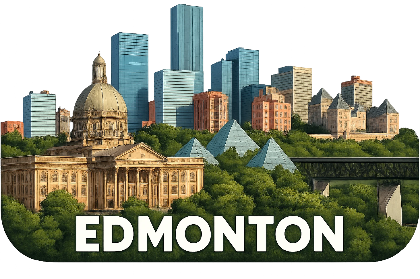 Remove the sky background from the Edmonton emoji, keeping everything else exactly the same: the skyline with the Alberta Legislature Building, Muttart Conservatory, High Level Bridge, lifelike detail, accurate colors, bright lighting, wide city view, and a fully transparent background. emoji