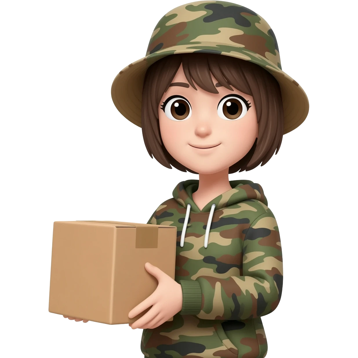 A girl with short hair wearing a hat and a camo hoodie carrying a box emoji
