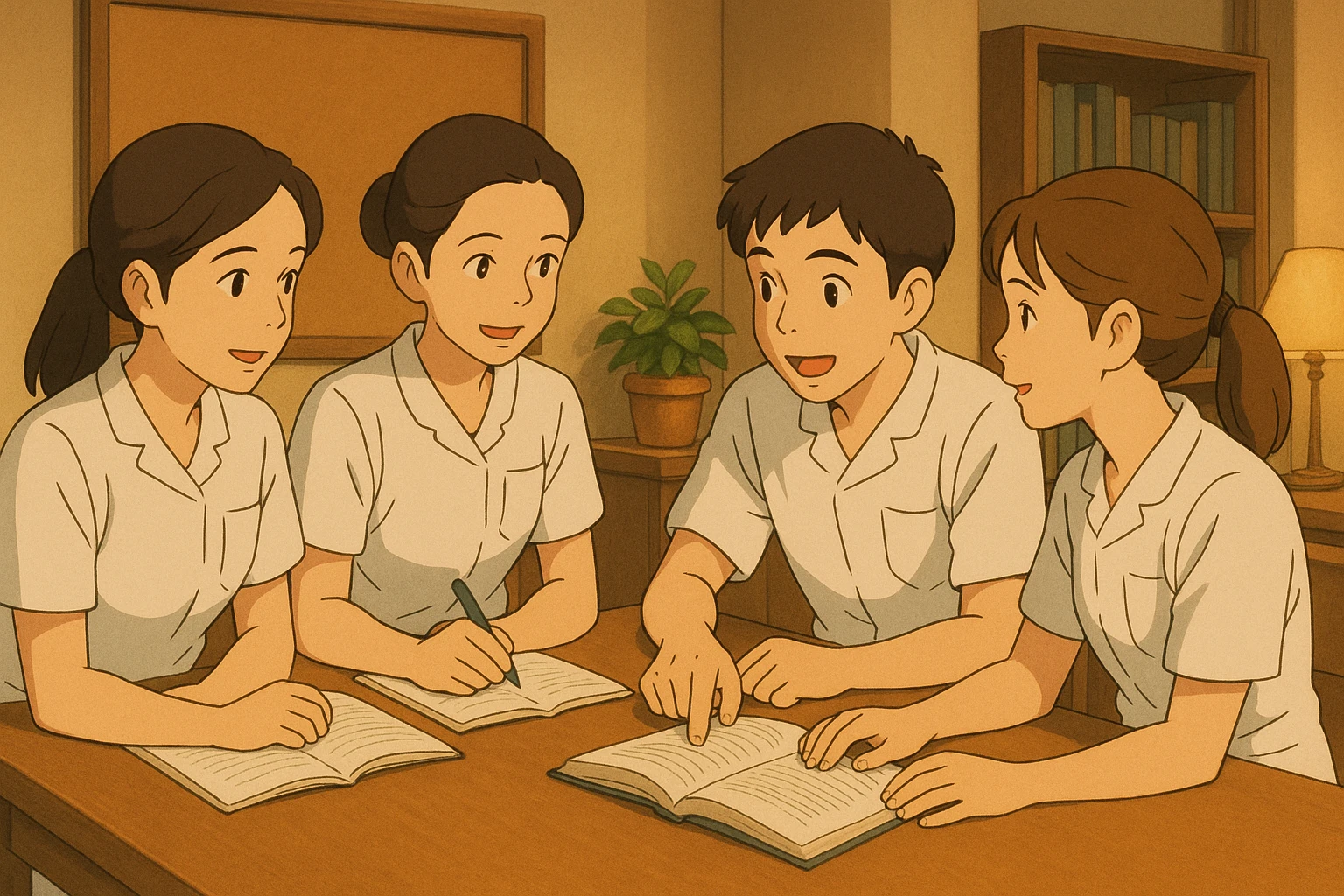Quatre étudiants infirmiers inspirés des références, en style Ghibli, travaillant en collaboration et en interaction à l'intérieur. Uniformes blancs à manches courtes, tuniques médicales col en V, poche poitrine à gauche, avant-bras nus, pas de pied de col ni stéthoscopes, cheveux longs attachés pour celles qui en ont. Ambiance chaleureuse, professionnelle, décor intérieur. emoji