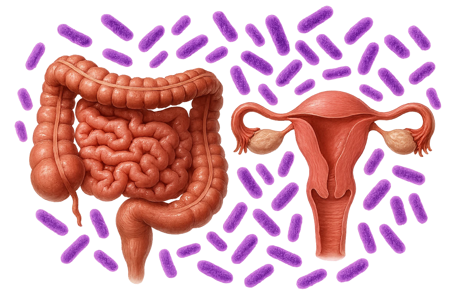 intestino umano anatomico realistico accanto ad un utero umano anatomico realistico, dietro i due organi fluttuano batteri intestinali con questo colore: #971ef1, iperrealistico 4k
isolata su sfondo bianco emoji