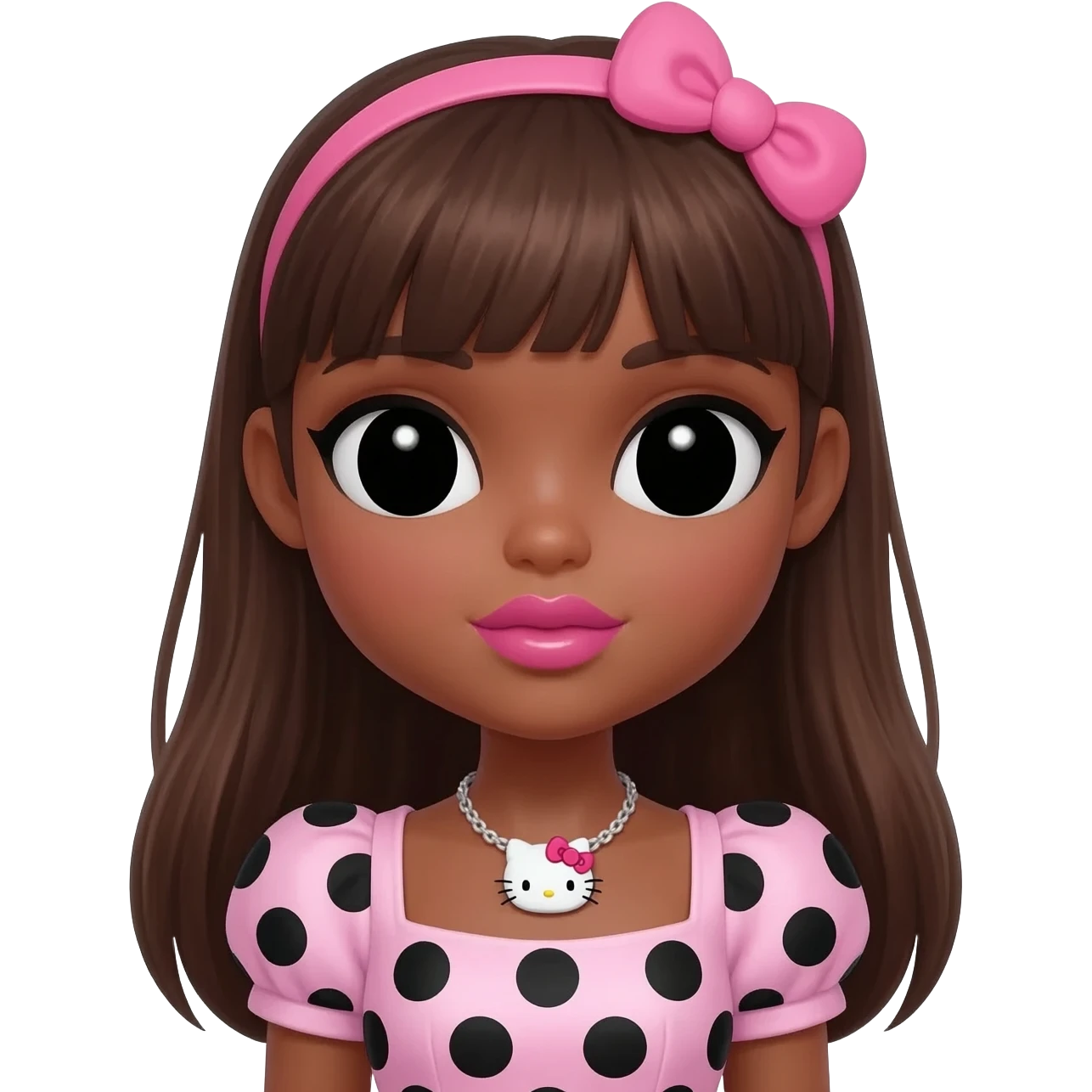 Doll faced shaped, hello kitty necklace, heart shaped cute lips bimbo, black doll eyes, Big lips barbie, dark brown skin with brown hair, bimbocore outfit light pink and black polkadots emoji