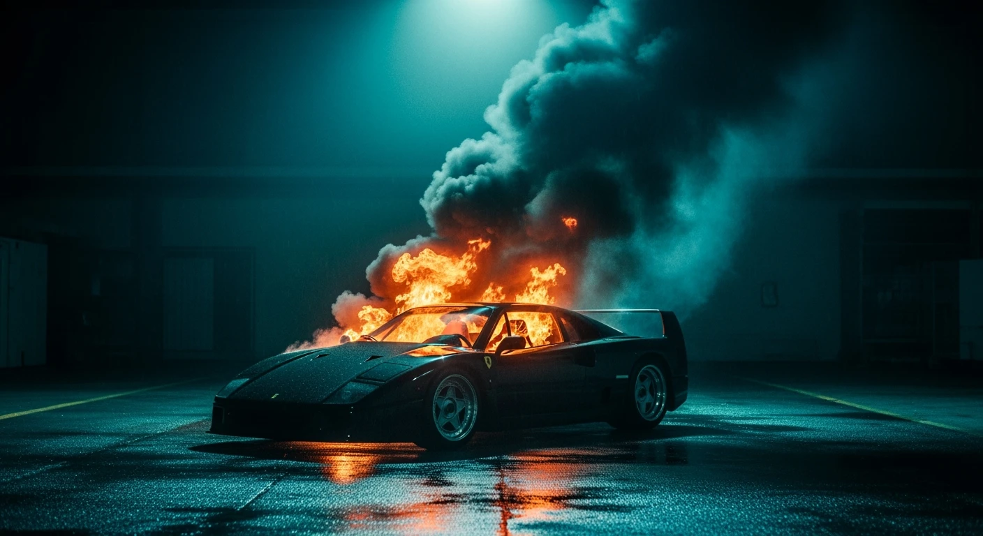 ferrari f40 in fire, black voice around, top spot light, dark has turquoise shade, cinematic look, captured on arri alexa emoji