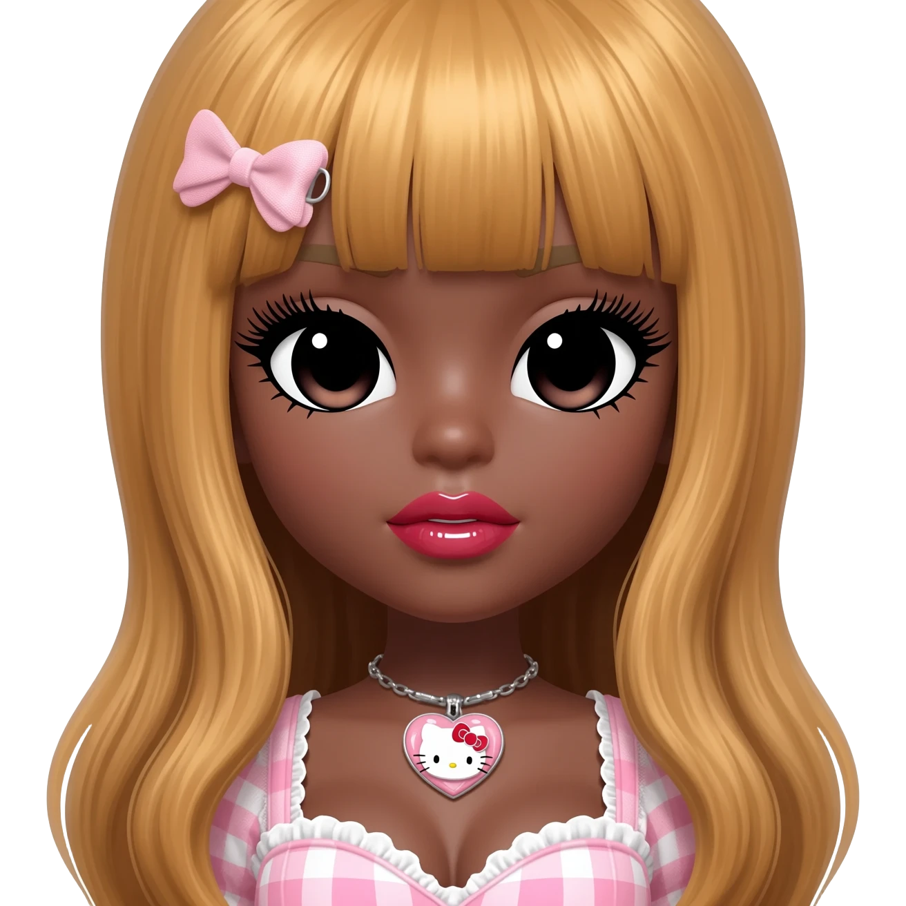 heart shaped lips, cute glossy lips, doll eyes with long lashes, dark brown skin, honey blonde hair, big chest, hello kitty necklace, one bow clip, bimbocore outfit emoji