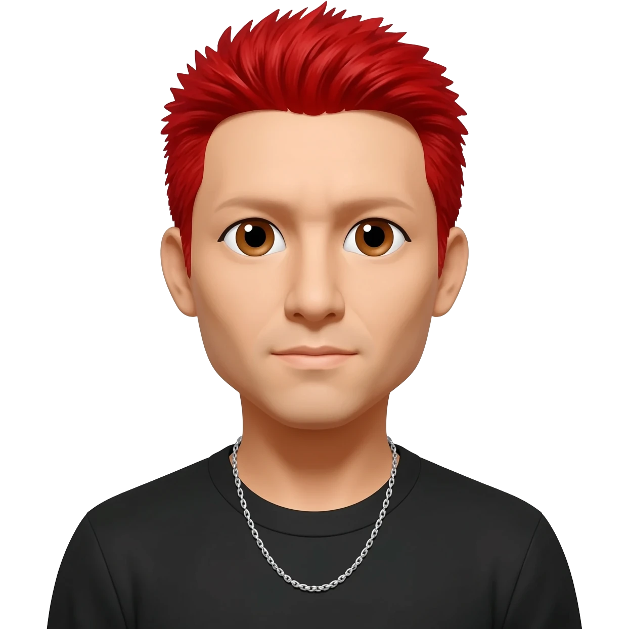 Mike Shinoda with brown eyes, red hair, black metallic t-shirt, silver necklace emoji