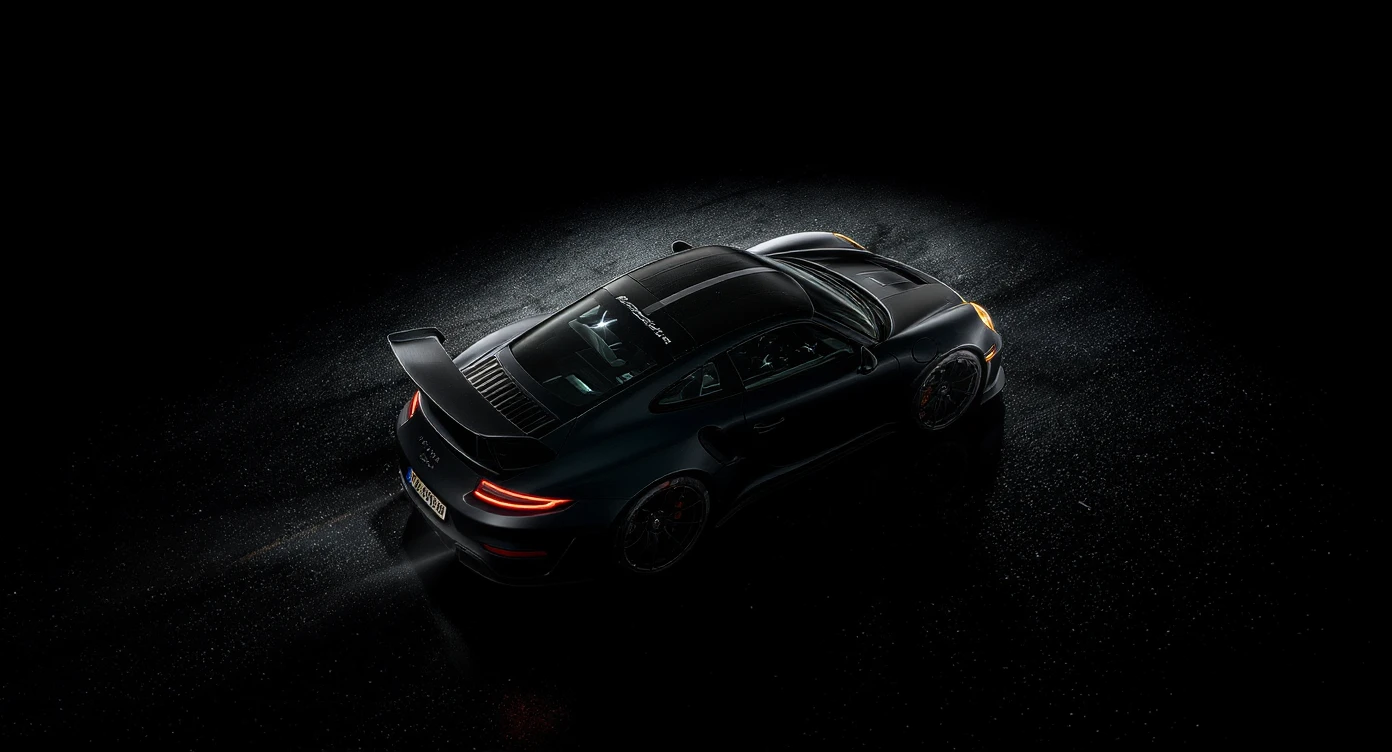 Editorial shot of a porsche 911 gt3 rs, top dutch angle, black voide around, top spotlight, captured on arri alexa emoji