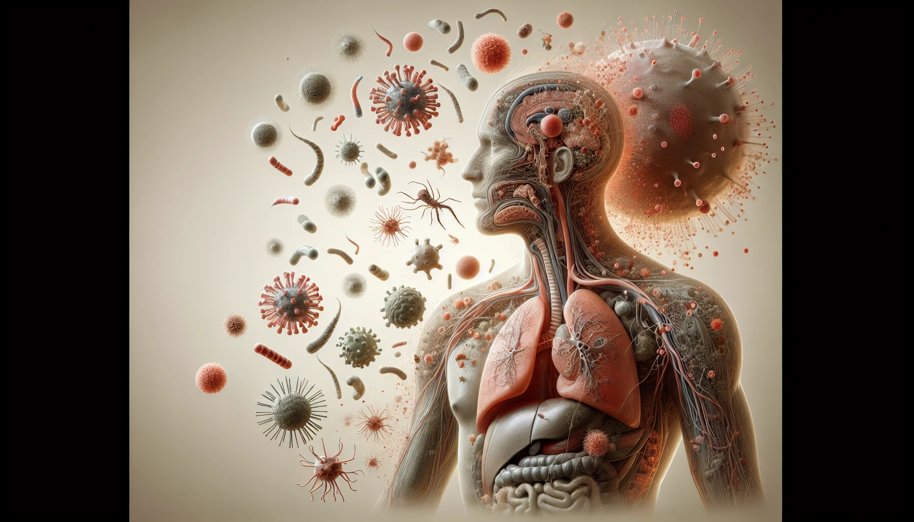 corpo umano anatomico di profilo con virus e parassiti che cercano di attaccarlo , sfondo neutro chiaro, iperrealistico 4k emoji